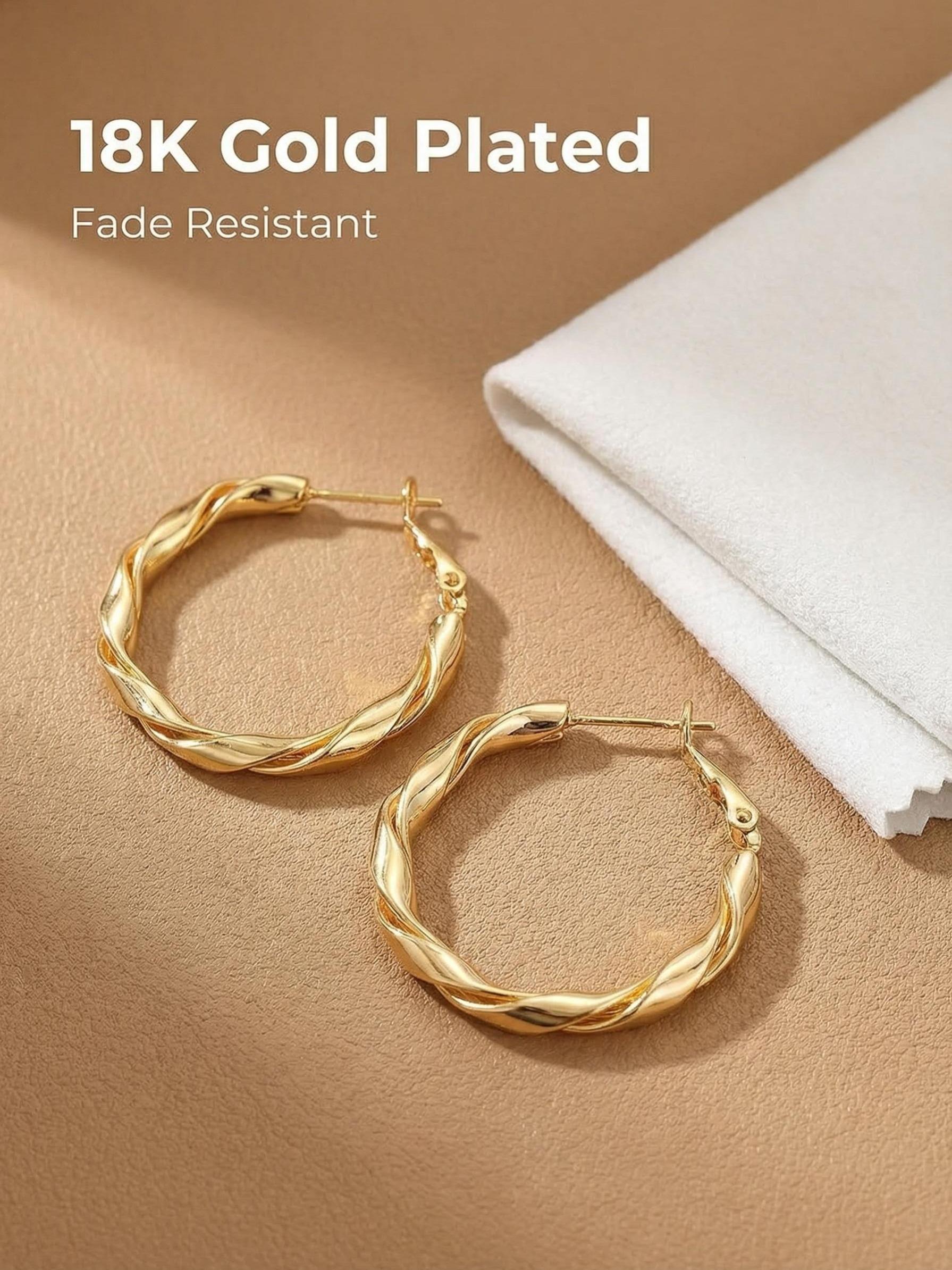 18k Gold Plated Twisted Large Circle Earrings, Luxury Vintage Simple Ring Ear Jewelry, Elegant Fashion Accessory for Women