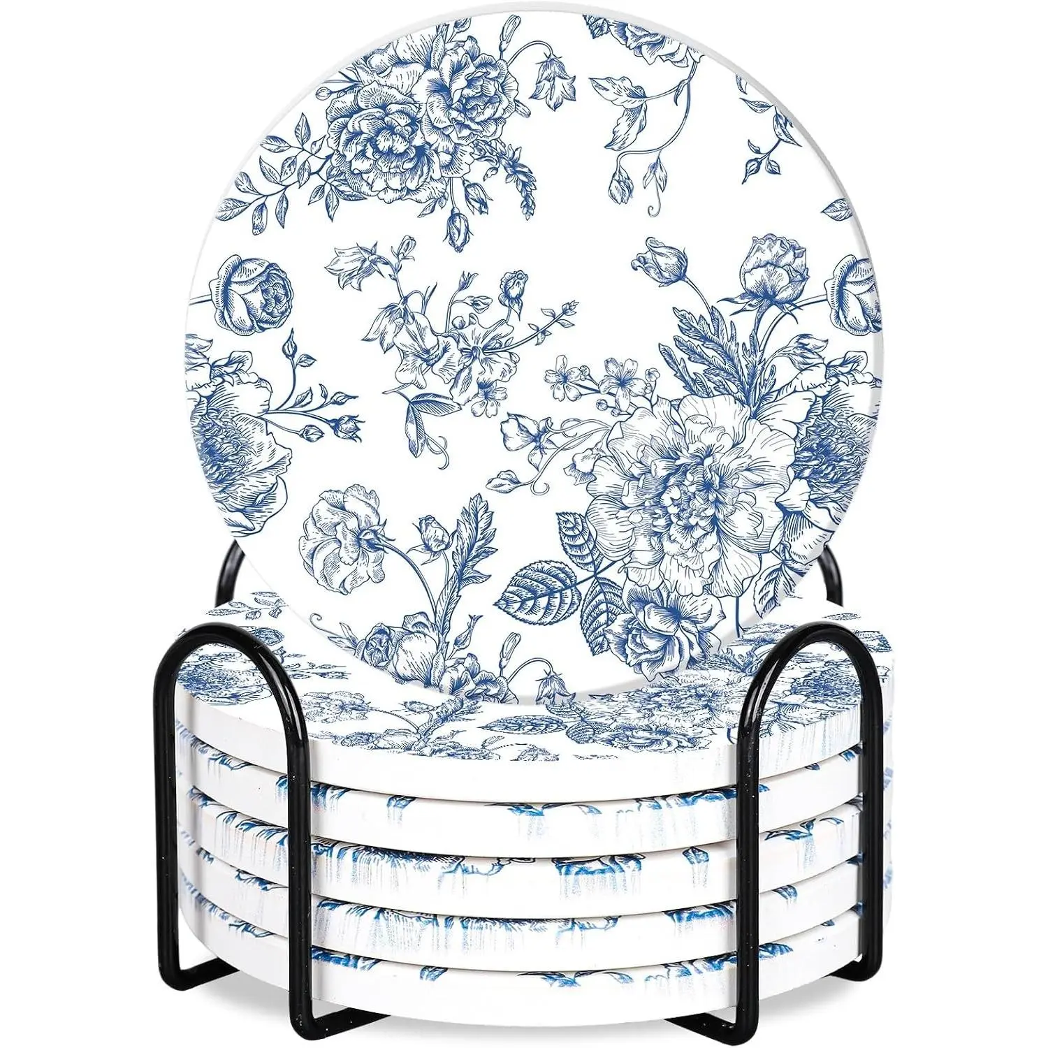 6Pcs White Blue Floral Coasters Vintage Flower Toile Ceramic Drink Coasters Absorbent French Country Chinoiserie Cup Mat for Home Kitchen Office Party Table Decor