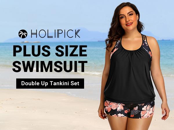Holipick Floral Plus Size Tankini Swimsuit for Women Two Piece Tummy Control Bathing Suit Blouson Racerback Tankini Top with Shorts