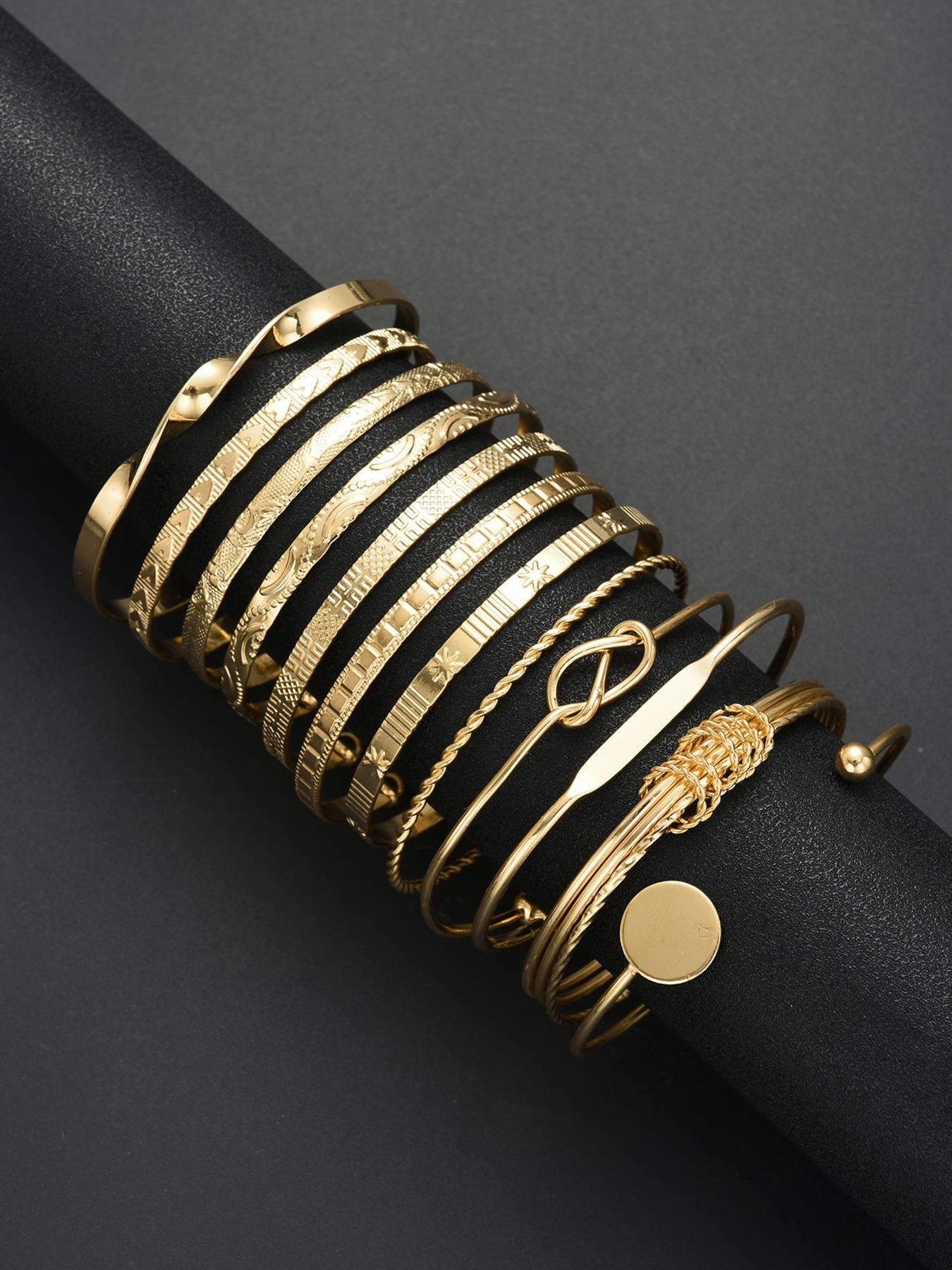 12-Piece Boho Style Women's Metal Bracelet Set, Trendy Stack Bangle, Adjustable Heart Pattern Design, Ideal Gift for Friends & Family