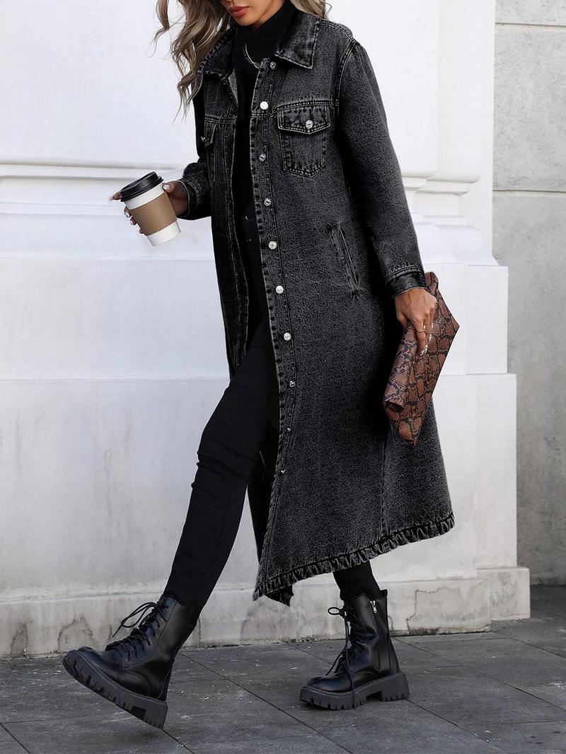 Women's Button Front Denim Coat, Elegant Casual Long Sleeve Outerwear for Spring & Fall, Women's Clothing for Daily Wear