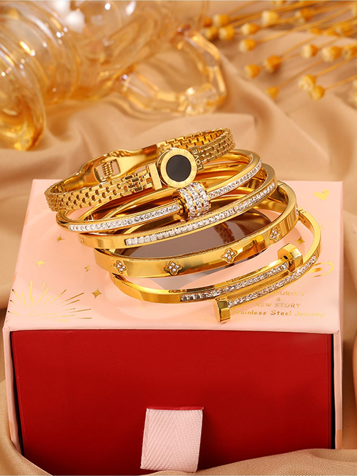 5-piece Set Of Unisex's Elegant and Luxurious 304 Stainless Steel Bracelets with Gift Box, High-quality and Fashionable Items for Christmas Gift, Birthday Gift Box and Stackable Bracelets