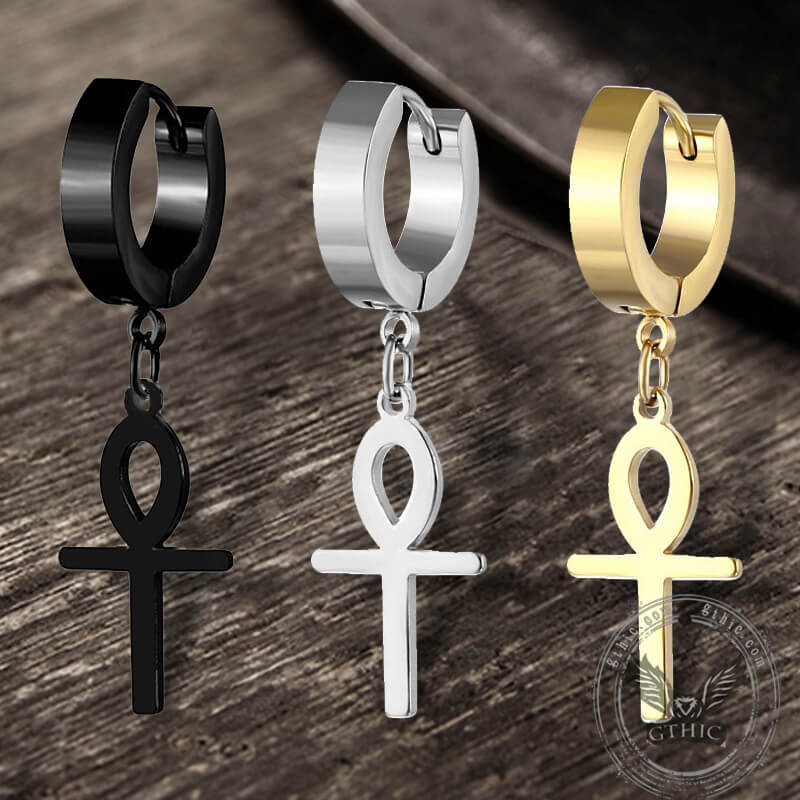GTHIC Punk Ankh Stainless Steel Cross Earring Fashion Accessories for Men Women Daily Wear