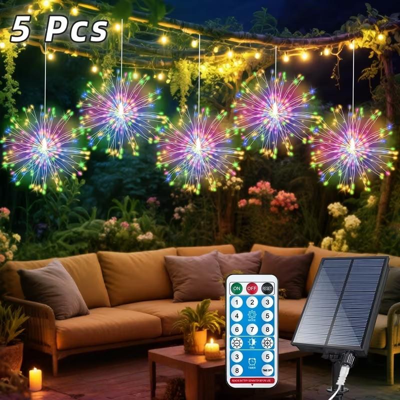 Smart Solar Hanging Firework Lights, 5-Piece Set, 8 Modes with Remote Control, Copper Wire Lanterns, Garden Decor, Celebrations, Weddings