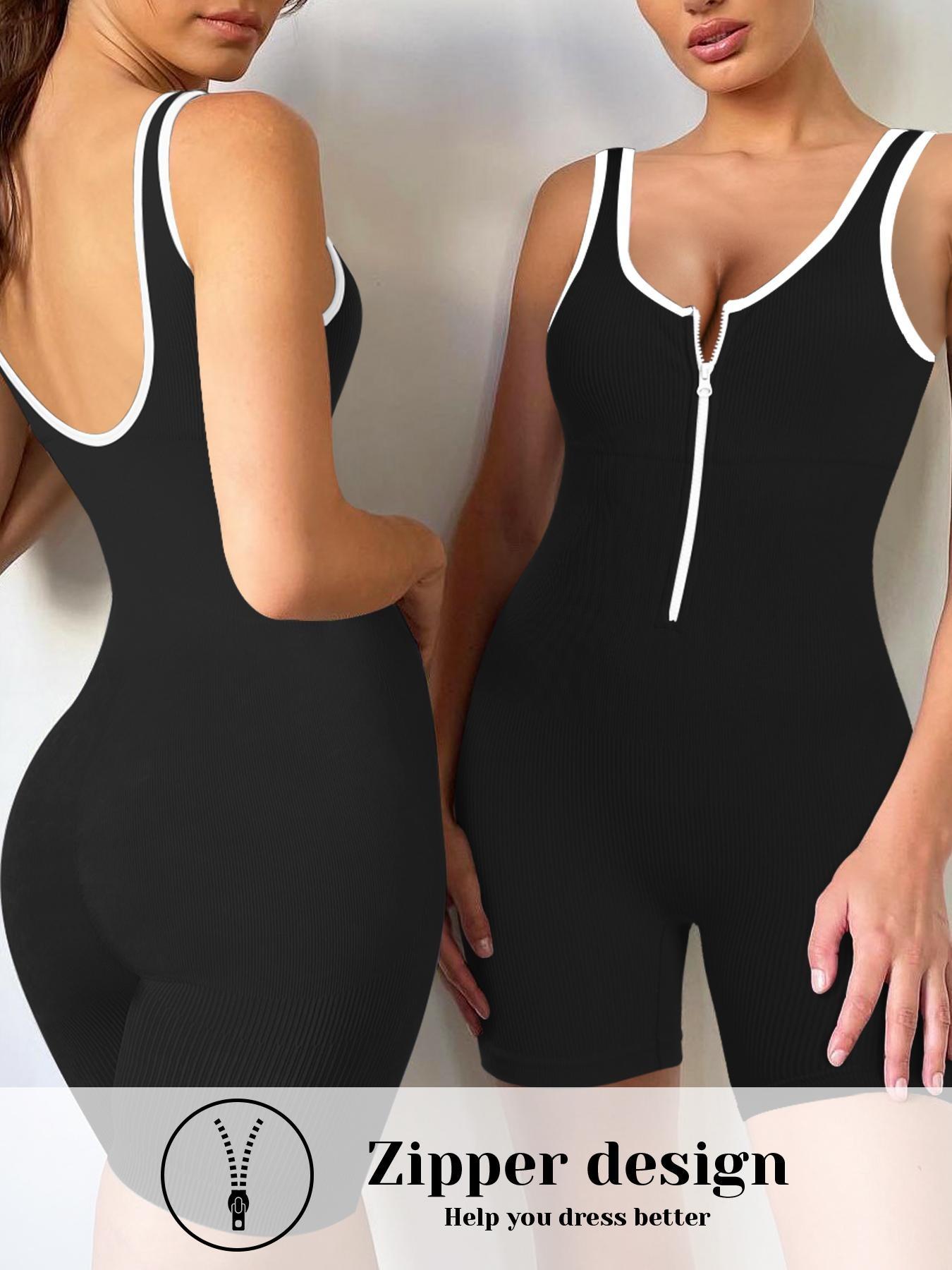 Women's Contrast Binding Zipper Front Zip Up Sports Romper, Sporty Romper, Romper Jumpsuit, Yoga Rompers, Solid Scoop Neck Sleeveless Bodycon Romper for Yoga Gym Workout, Ladies Sportswear for Summer