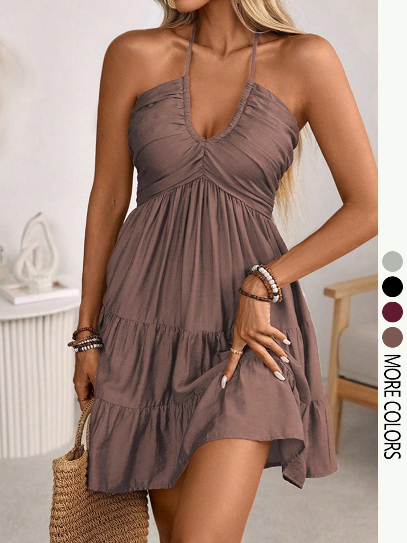 Women's Spring/Summer Rayon Bamboo Knit Bohemian Beach Dress, Shirred Pleated Bust, Tiered Skirt Design, A-Line Silhouette, Backless With Tie-Up Halter Neck And Bow Closure