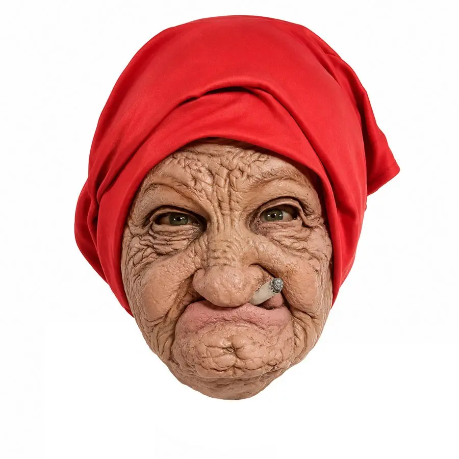 Adult Fun Smoking Grandma Mask, Realistic Horror Old Woman Full Face Latex Mask, Headscarf and Cigarette, Halloween, Prank, Costume Party