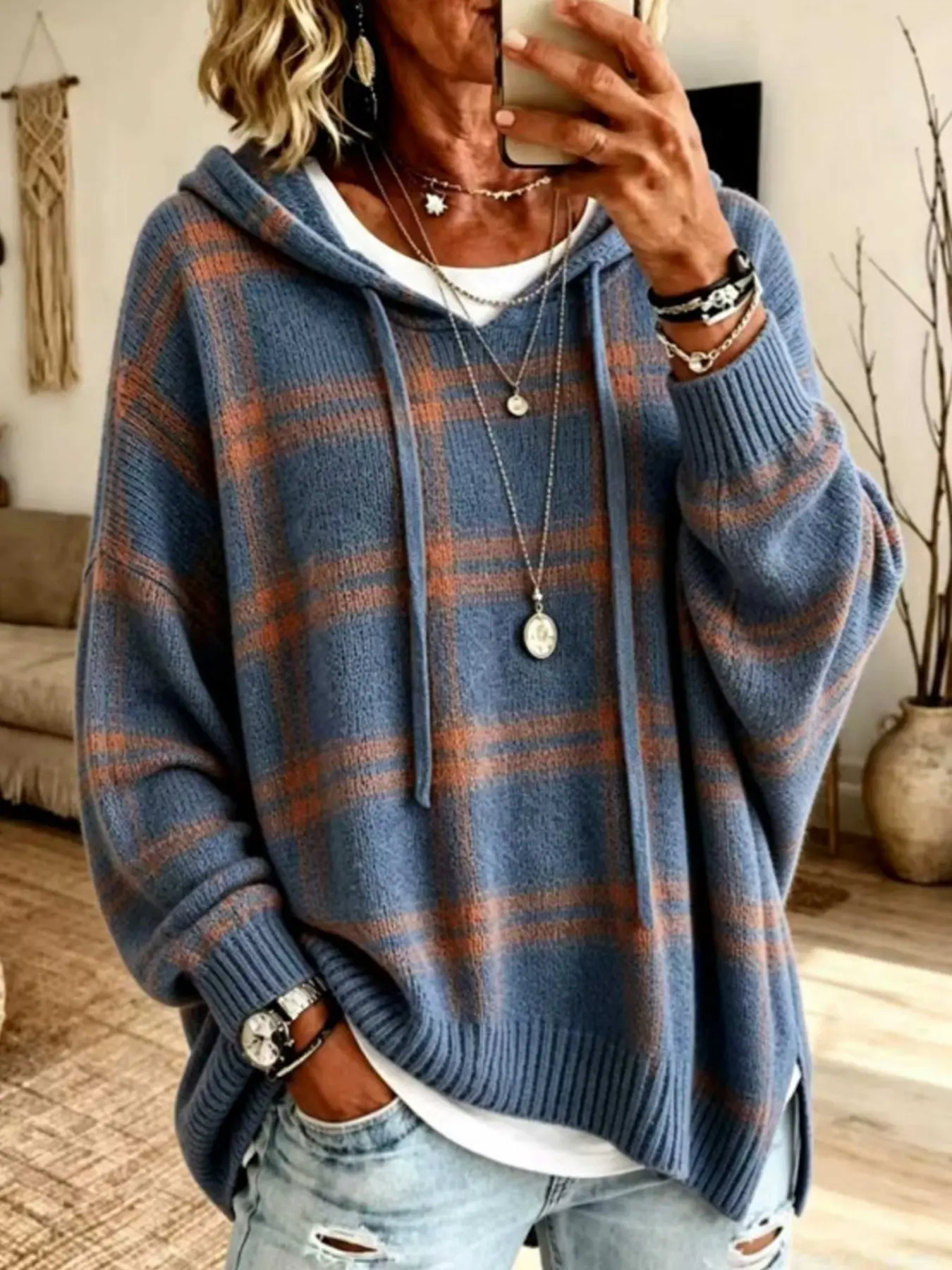 Women's Plaid Hooded Knit Sweater, V-Neck Drawstring Loose-Fit Long Sleeve Top, Vintage Check Lazy Style, Fall Winter Casual Outerwear