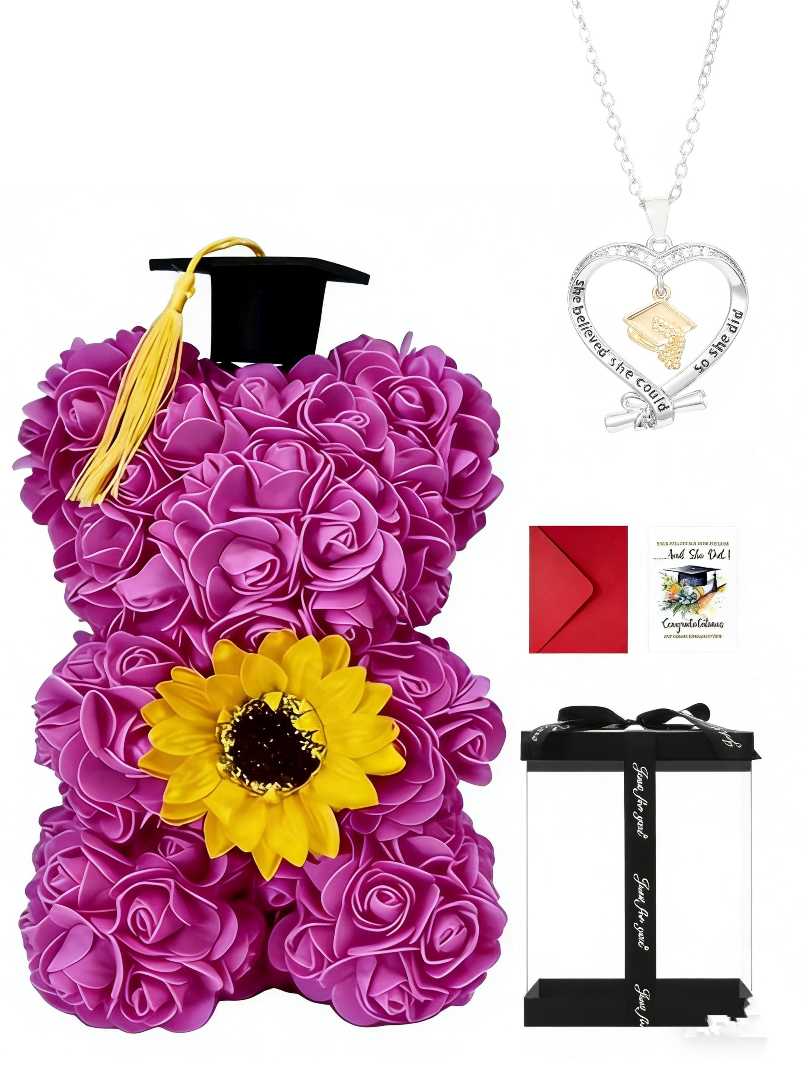 Graduation Season Creative Design Graduation Souvenir Gift, Phd Hat Necklace, Rose Flower Bear, PVC Handbag Packaging Box