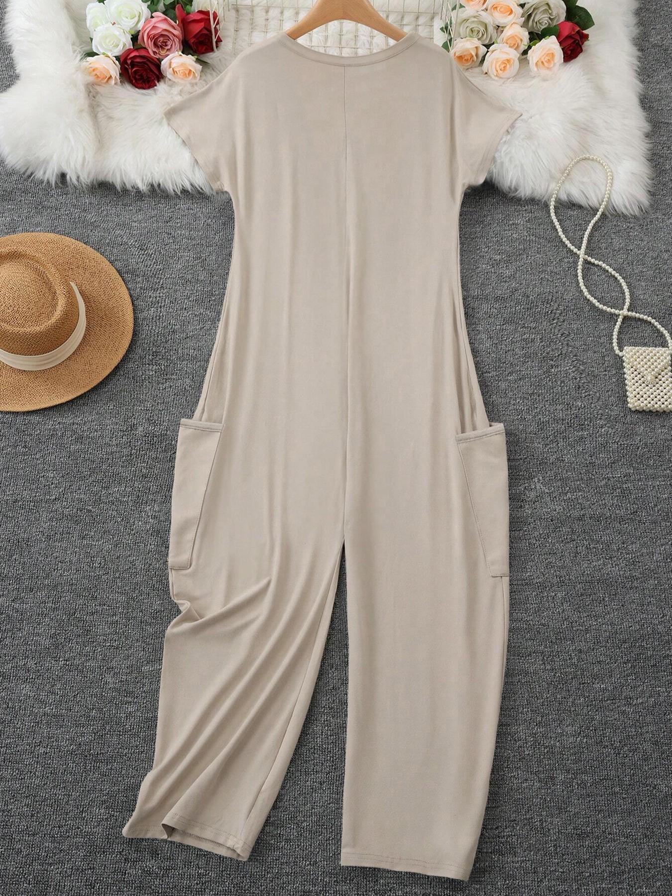 2026 Women's Casual Oversized Jumpsuit, Casual Jumpsuits, Short-Sleeve Batwing V-Neck Harem Pants With pockets, Loose Fit Wide Leg, Perfect for All Seasons, Stylish & Comfortable，Suitable for Daily Home Wear and Fashionable for Outings
