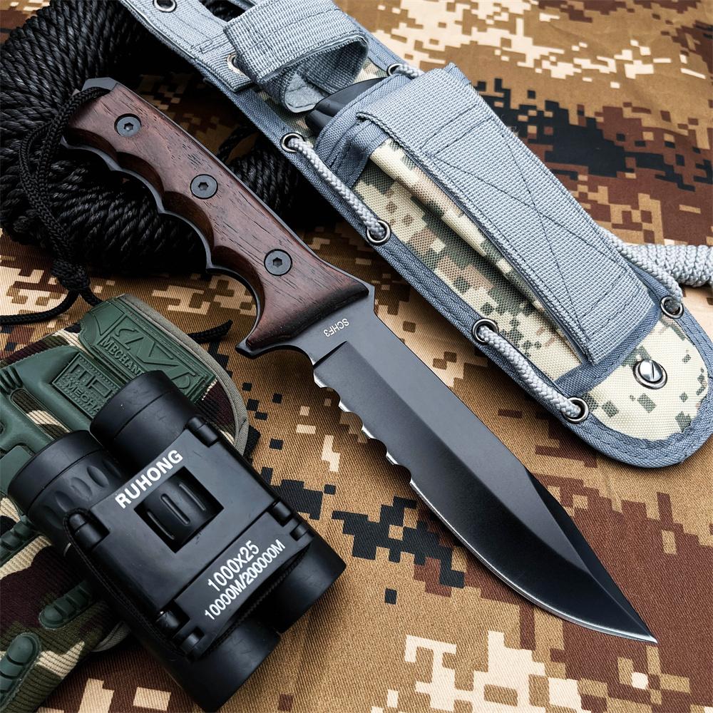 Outdoor multi-functional tactical survival straight knife, ergonomic chickenwood handle, high-hardness black-coated 7Cr13Mov blade, camouflage nylon sheath, suitable for jungle exploration, camping hiking, wilderness survival, Survival Gear