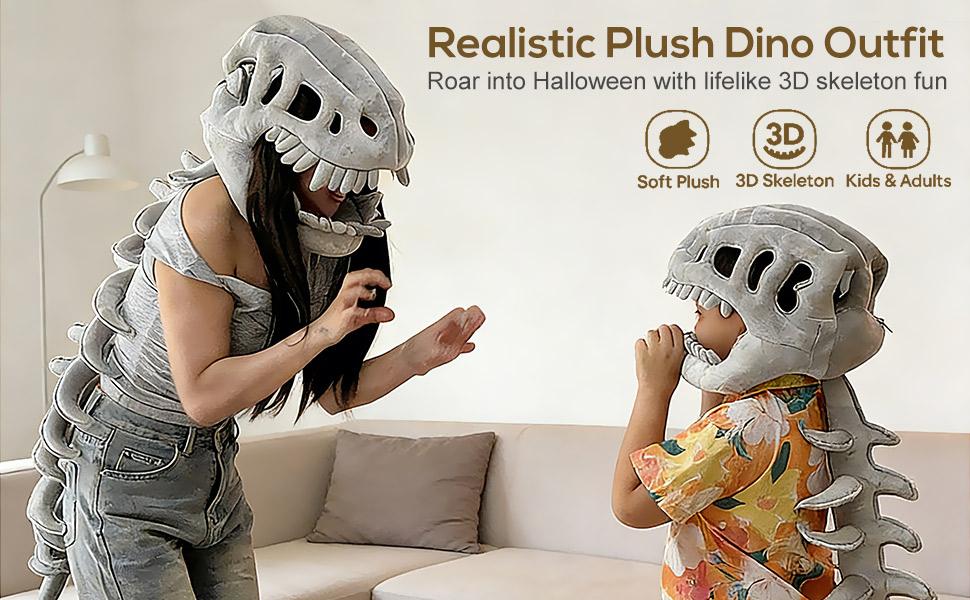 Wearable Dinosaur Skeleton Spinosaurus Plush Dinosaur Set, 3D Dinosaur Skeleton Cape with Plush Skull Head, Suitable for Dress Up & Play, Halloween Costume