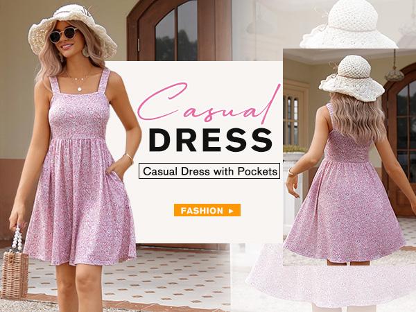 Women's Summer Dress Floral Square Neck Sleeveless Casual Dress with Pockets A-line Swing Mini Dresses Sundress Bohemian