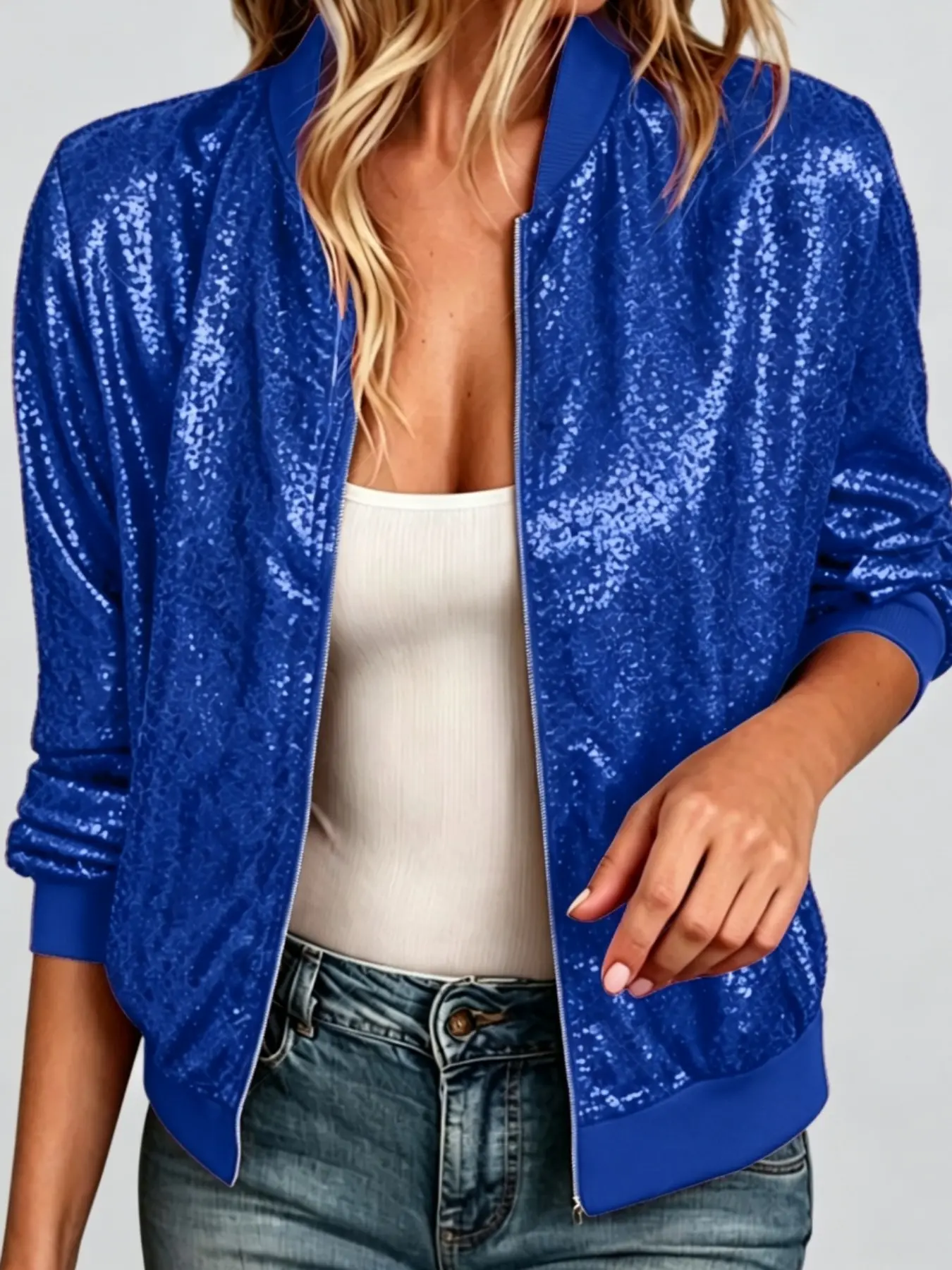 Women's Sequined Pilot Jacket, Zipper Long Sleeve Glitter Baseball Coat, Party Nightclub Festival, Stylish Evening Wear Casual