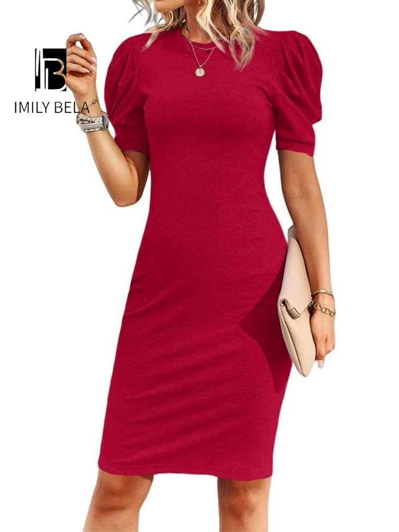Women's Plain Puff Sleeve Dress, Elegant Fashion Casual Bodycon Dress for Work Office Business, Ladies Dress for All Seasons Formal Wear