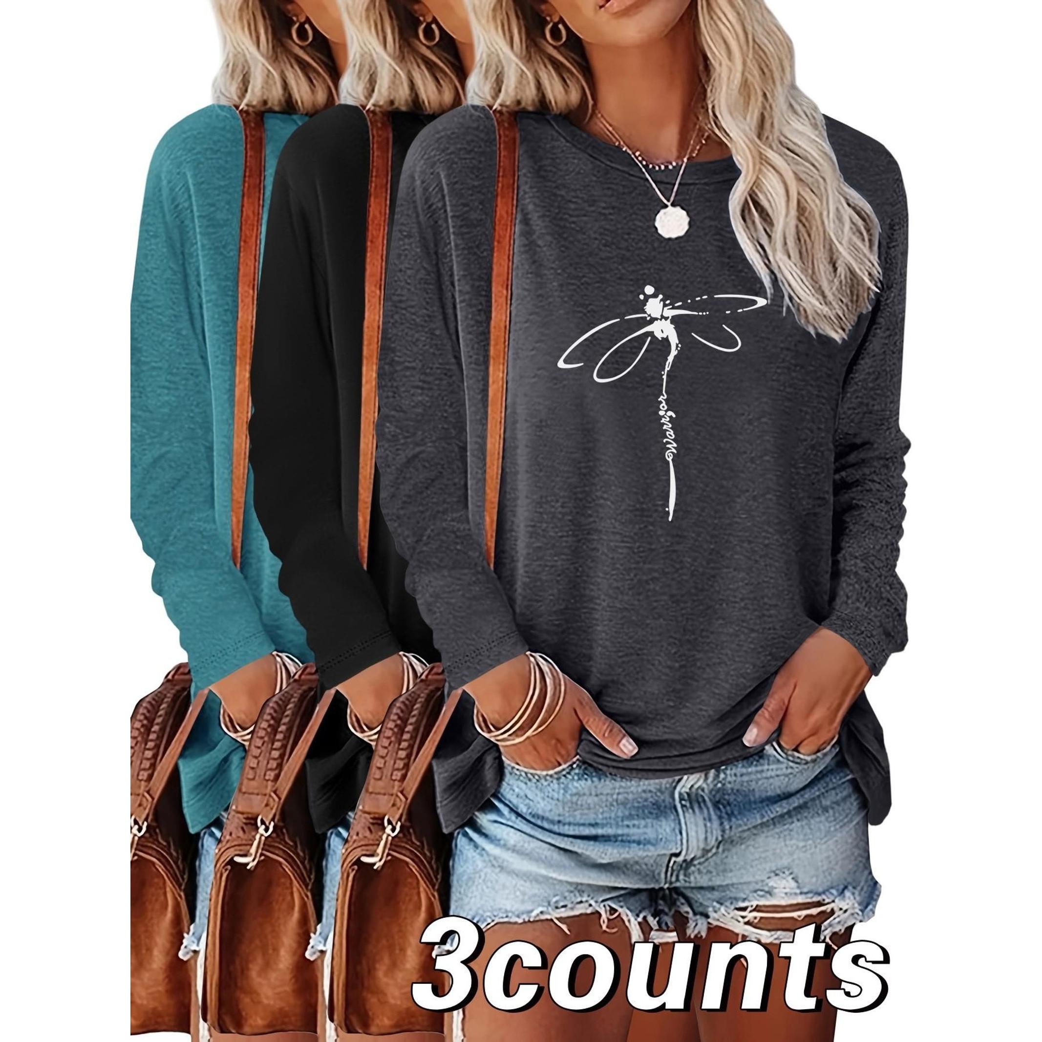Women's Dragonfly Print Round Neck Tee, Casual Long Sleeve Crew Neck T-Shirt for Summer, Fashion Women's Top for Daily Wear, Everyday