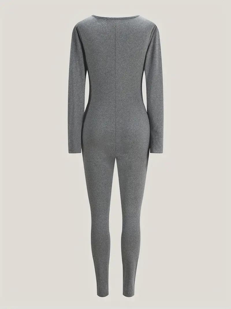 Women's Plain Tight-Fit Zipper Jumpsuit, Long Sleeve Casual Romper, Spring & Fall Fashion, Comfortable One-Piece