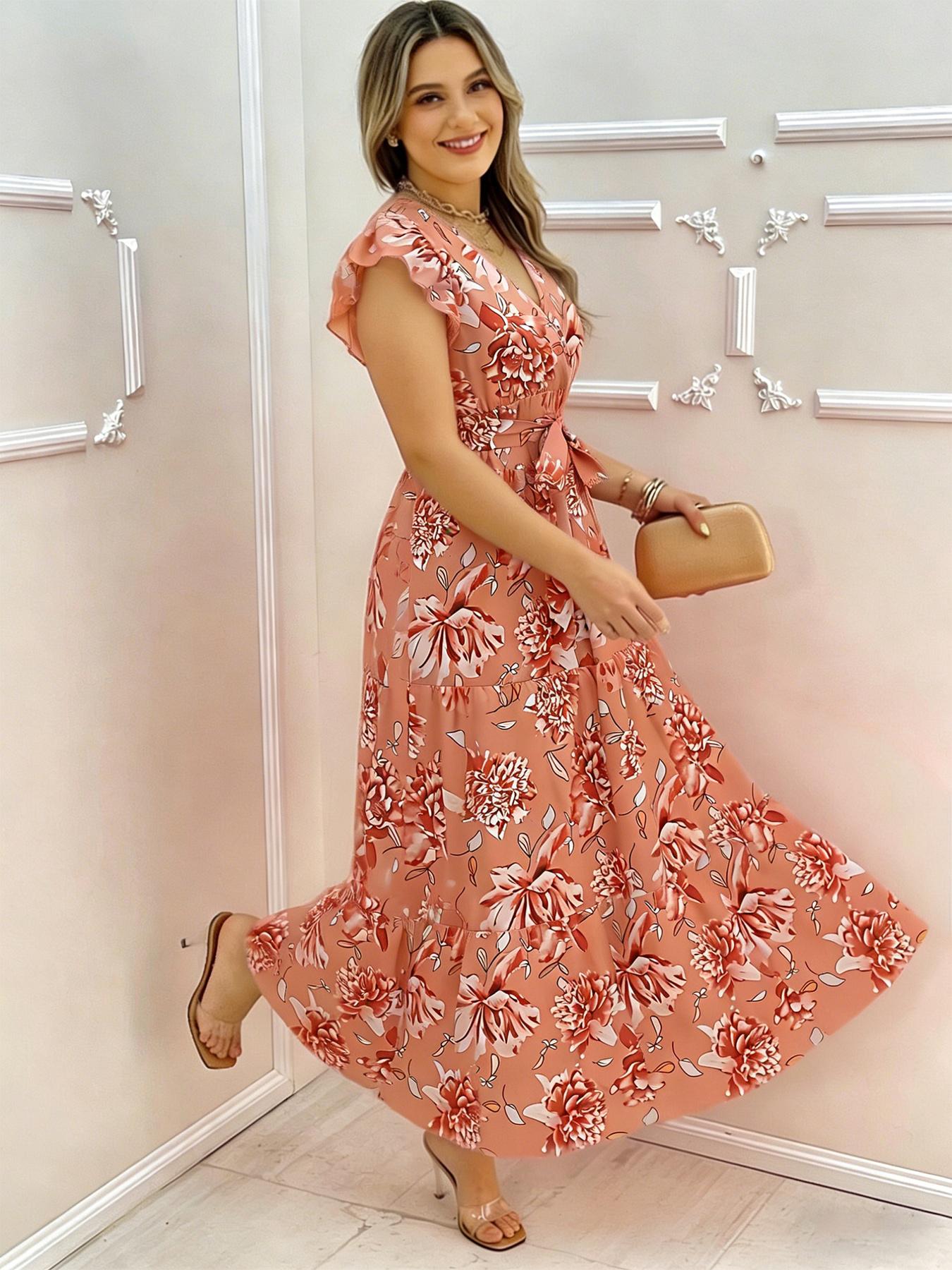 Elegant Women's Floral Print Ruffle Sleeve Waist Cinching Long Dress, Summer Ladies' Dresses, Stylish and Comfortable