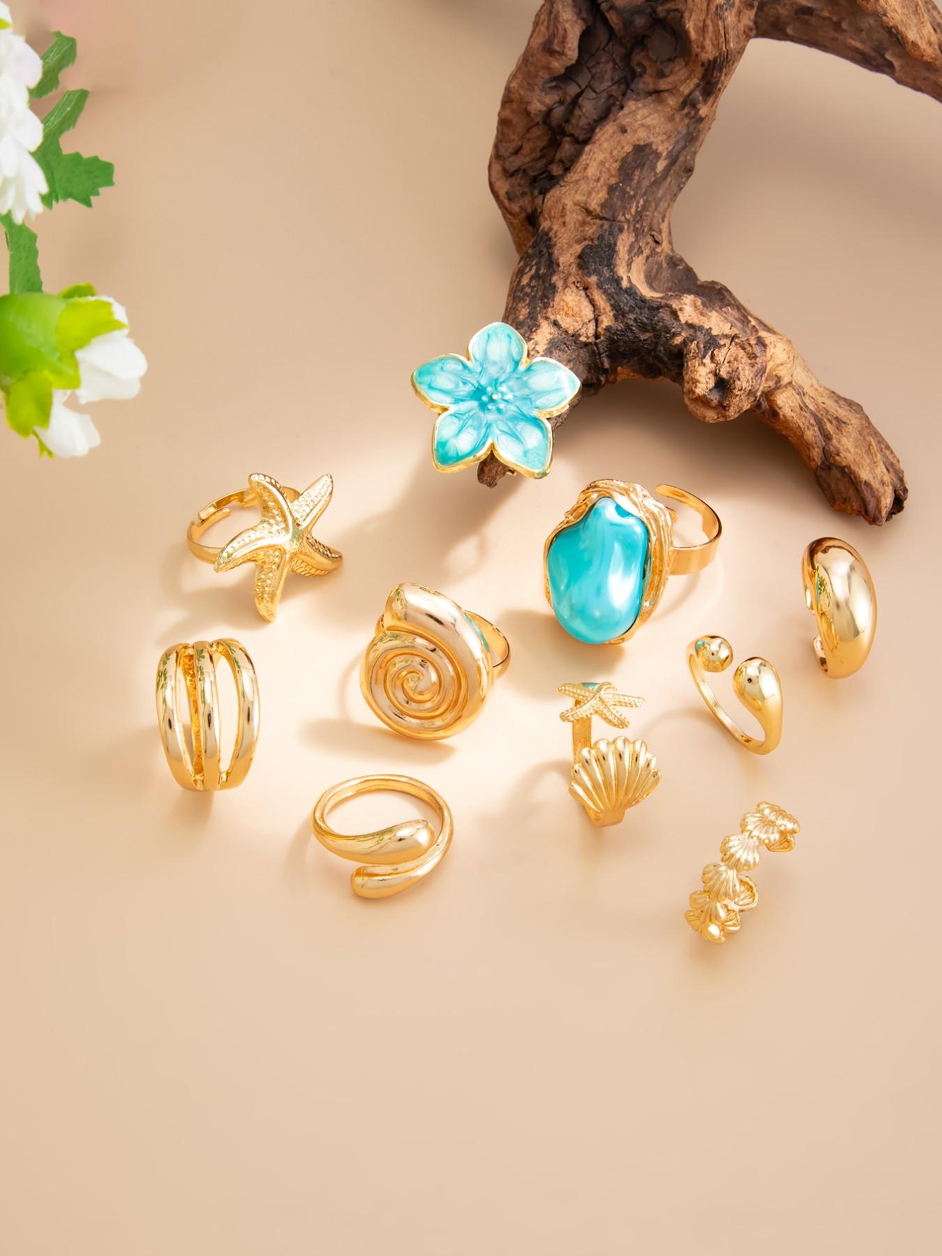 10 Pcs Boho Beach Starfish Ring Set, Boho Style Rings, Alloy Flower Stackable Finger Rings, Beautiful Rings, Party Jewelry, Gift for Holidays, Birthday and Beach