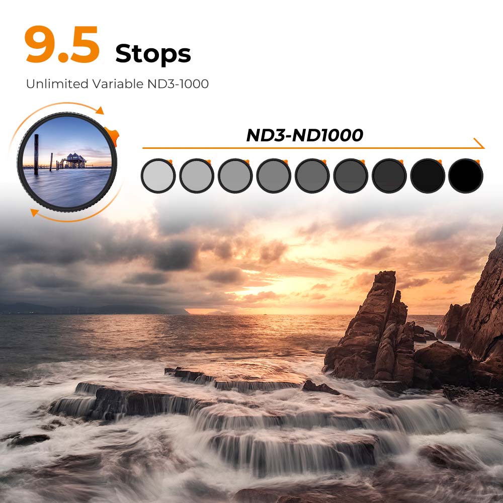 【K&F CONCEPT】 ND3-ND1000 Variable ND Lens Filter (1.5-10 Stops) Putter Adjustable HD Neutral Density Filter with 28 Multi-Layer Coatings for Camera Lens (Nano-X Series)，photography equipment