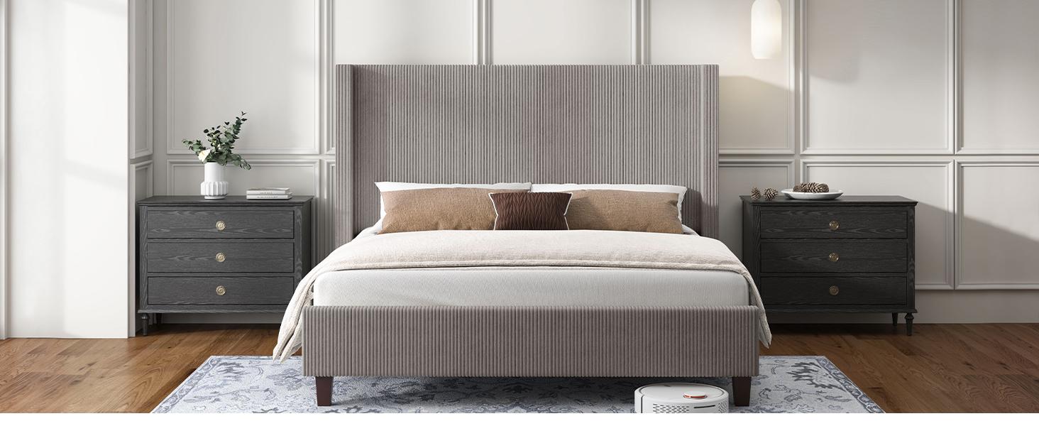 VanAcc Upholstered Platform Bed Frame, Wingback Bed with 50.8" Headboard, Modern Corduroy Design, Solid Wood Leg/No Box Spring Needed, Unique Bedroom Furniture