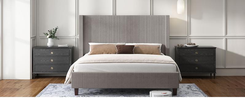 VanAcc Upholstered Platform Bed Frame, Wingback Bed with 50.8" Headboard, Modern Corduroy Design, Solid Wood Leg/No Box Spring Needed, Unique Bedroom Furniture