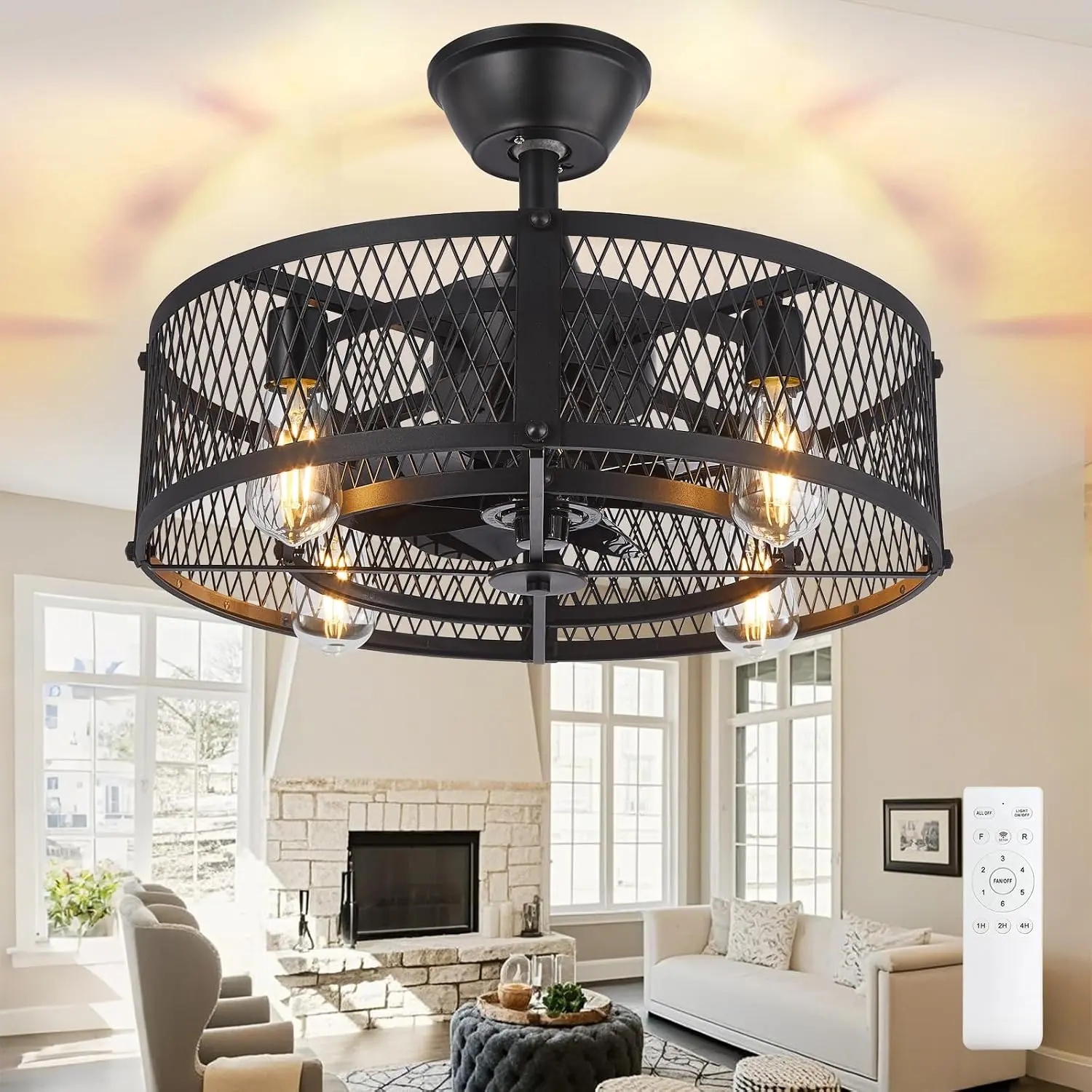 20" Farmhouse Fandelier with Lights and Remote Control - Black Rustic Semi Flush Mount Bladeless Ceiling Fans Enclosed Fan for Bedroon Kitchen Living Dining Room
