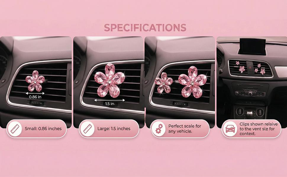 Bling Daisy Flower Car Air Vent Clips, 5PCS Sparkling Crystal Rhinestone Cute Vehicle Air Conditioning Clamp, Diamond Auto Air Outlet Clip Decor for Women Girls, Universal Fit (Pink)