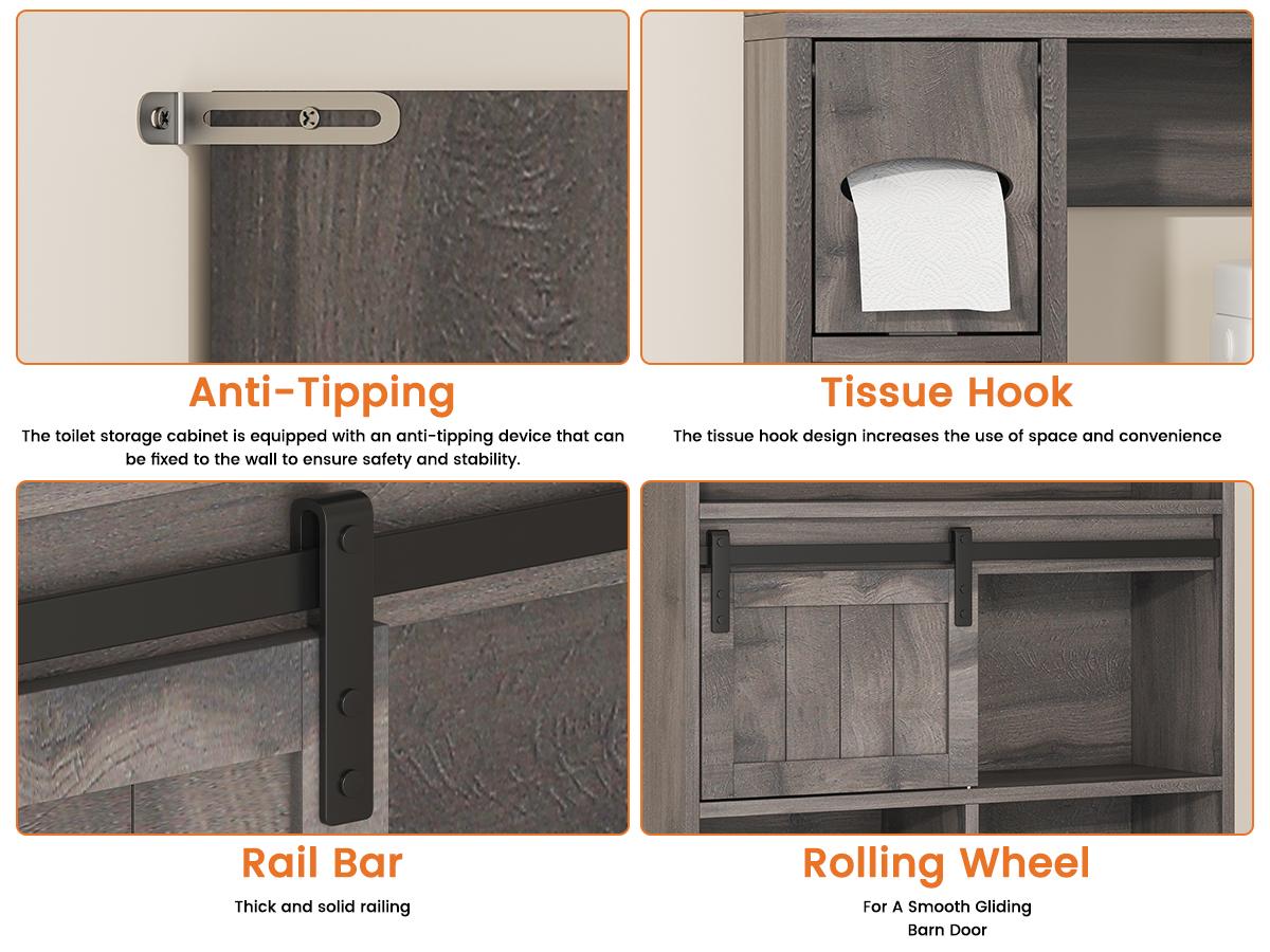 Over-The-Toilet Storage Cabinet with Sliding Door & Toilet Paper Holder Stand, Bathroom Organizer with Side Storage for Restroom