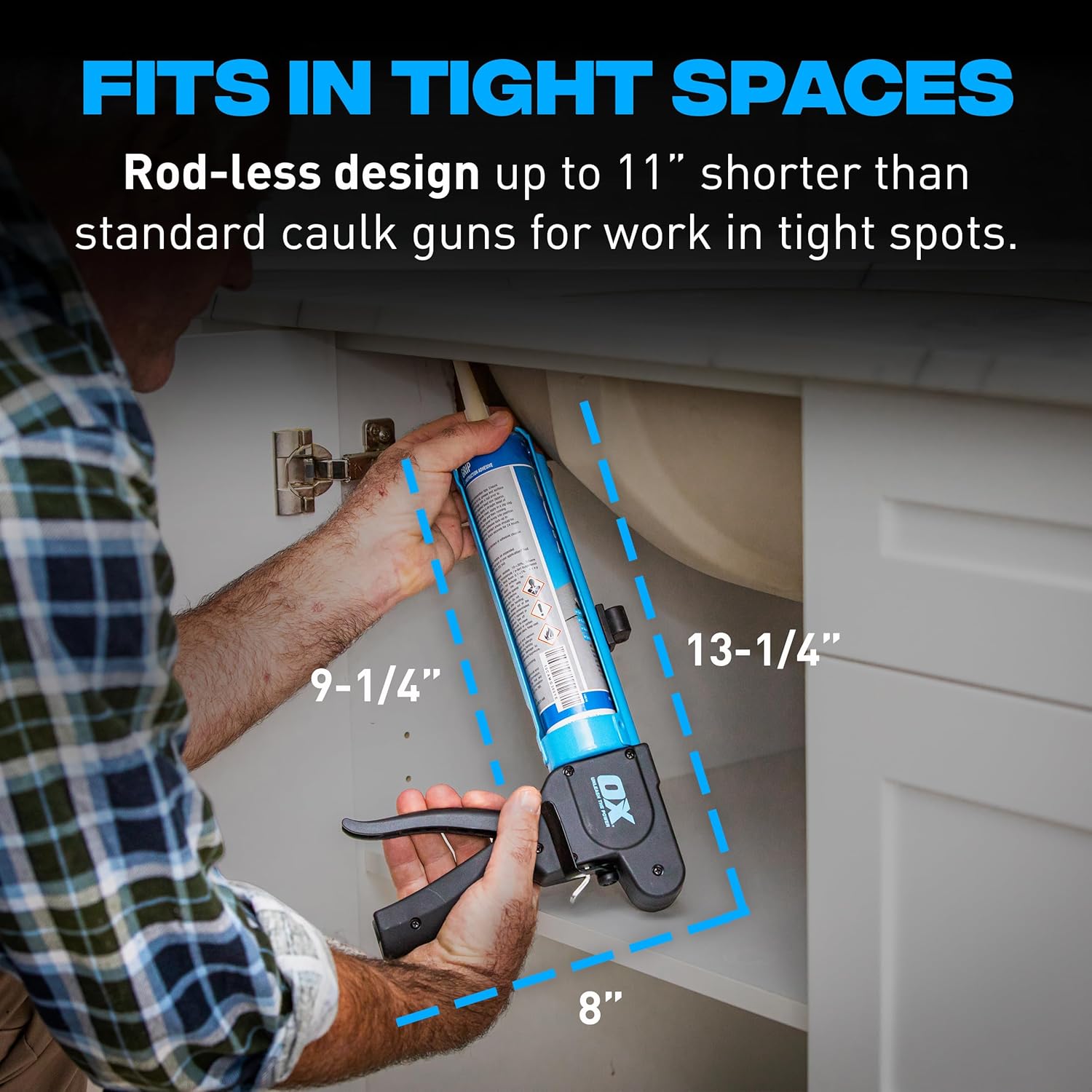 Pro Compact Caulk  - 10 oz Rodless Manual Caulking  Tool - 7:1 Thrust Ratio Designed for Tight Spaces, Includes Belt Clip - Pistola De Silicona