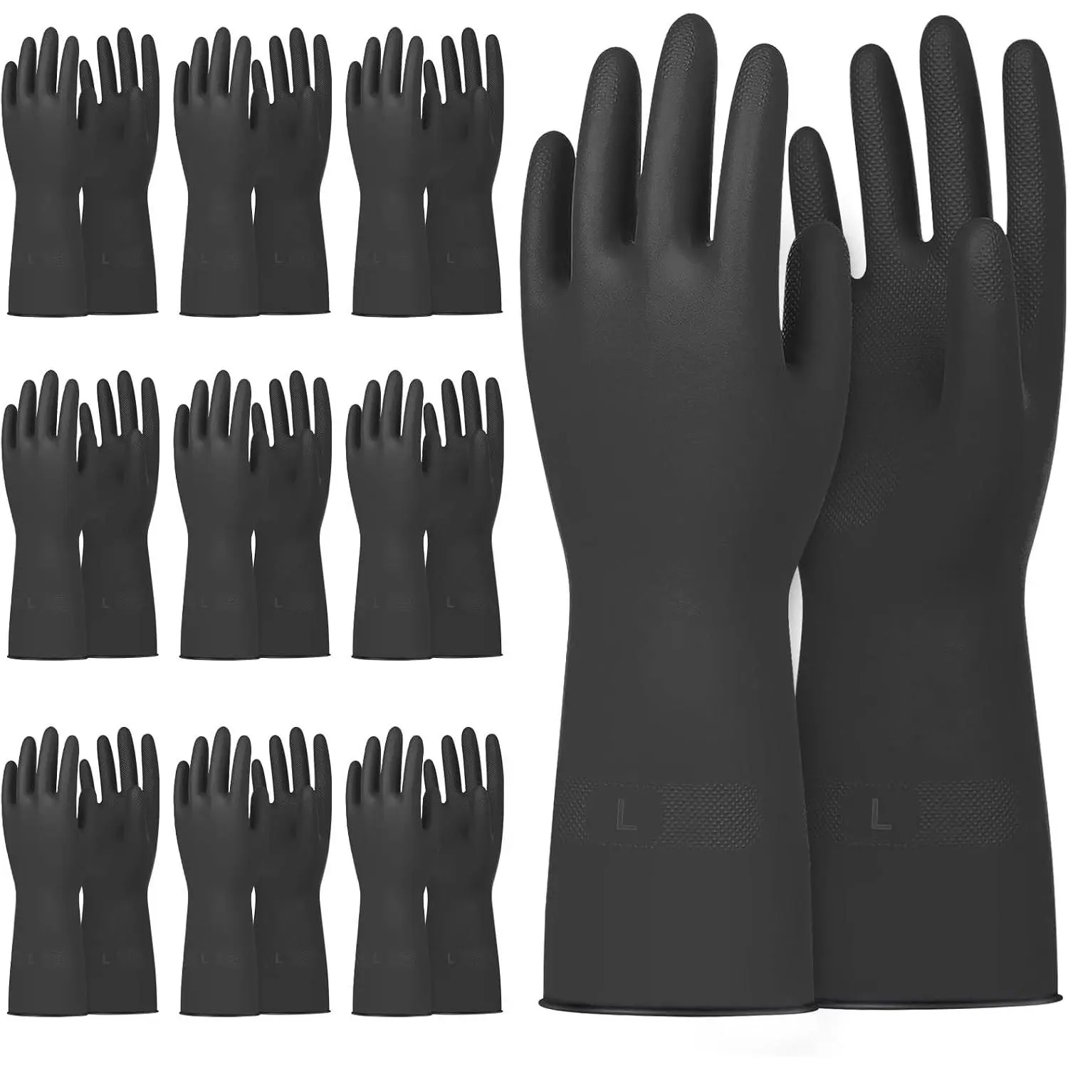 10 Pairs Chemical Resistant Gloves, Reusable Heavy Duty Rubber Work Gloves with Textured Palm, Black Cleaning Dishwashing Gloves, Large