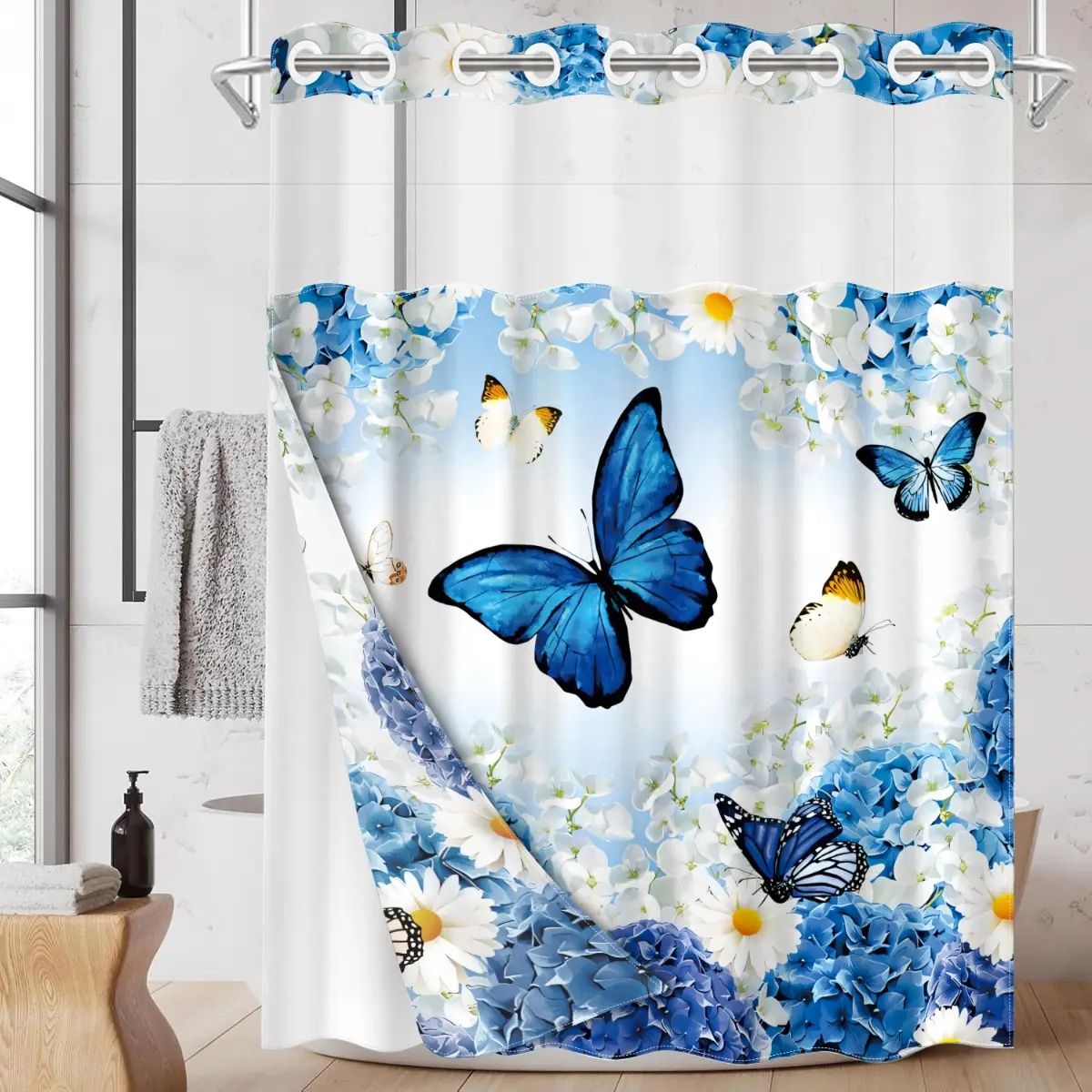 1Pc, a winter Christmas hookless double-layer shower curtain with buckle lining, butterfly flower pattern, modern home curtain decoration, floral print shower curtain, winter Christmas design