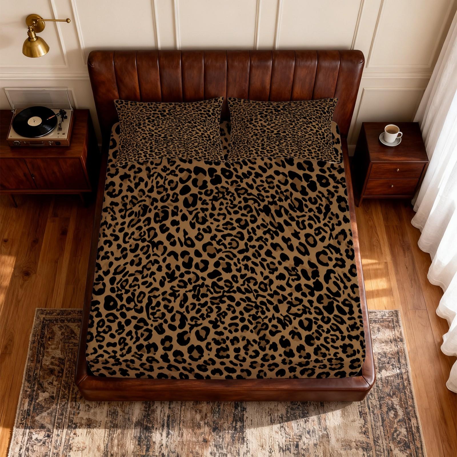 3 Pieces Leopard Print Fitted Sheet Set, Bedsheets Set, Bed Sheet Sets (1 Fitted Sheet + 2 Pillowcases), Classic Retro Animal Leopard Pattern, Soft Skin-Friendly Fabric Bedding, Home Furnishing for Women Bedroom, Top Choice for Holiday Gifts