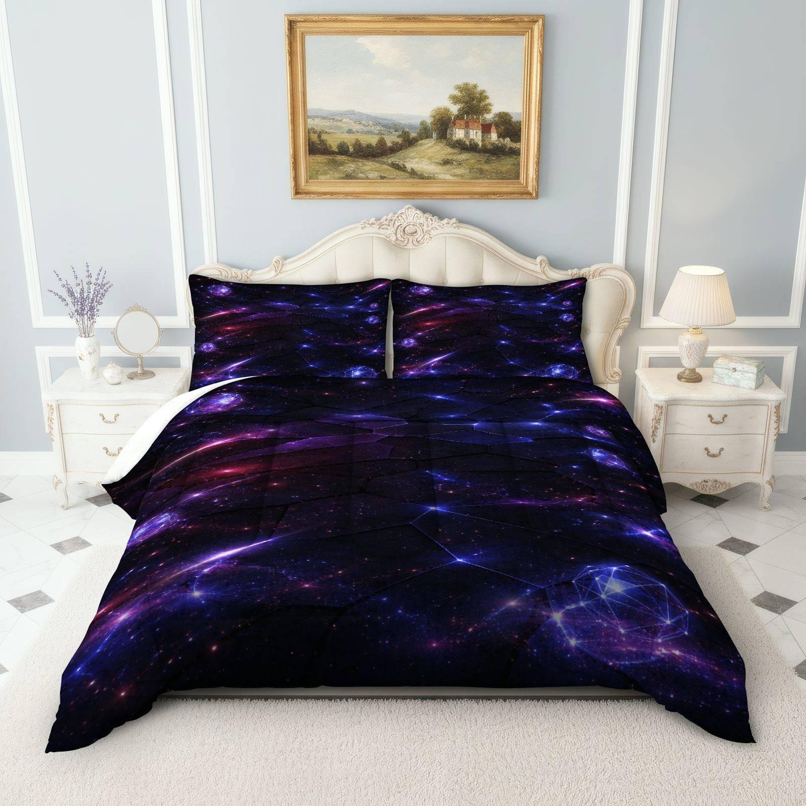 Galaxy Starry Sky Bedding Set, Soft Breathable Polyester, Includes 1 Quilt and 2 Pillowcases, Universe Theme