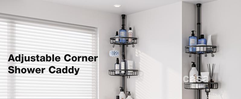 4 Tier Adjustable Corner Shower Caddy – Stainless Steel Rustproof Bathroom Organizer, No-Drill Tension Pole (47-121 Inch), Heavy-Duty Shelves & Hooks for Shampoo, Loofah, Bathtub Shampoo Storage – Quick Assembly, Black Rack
