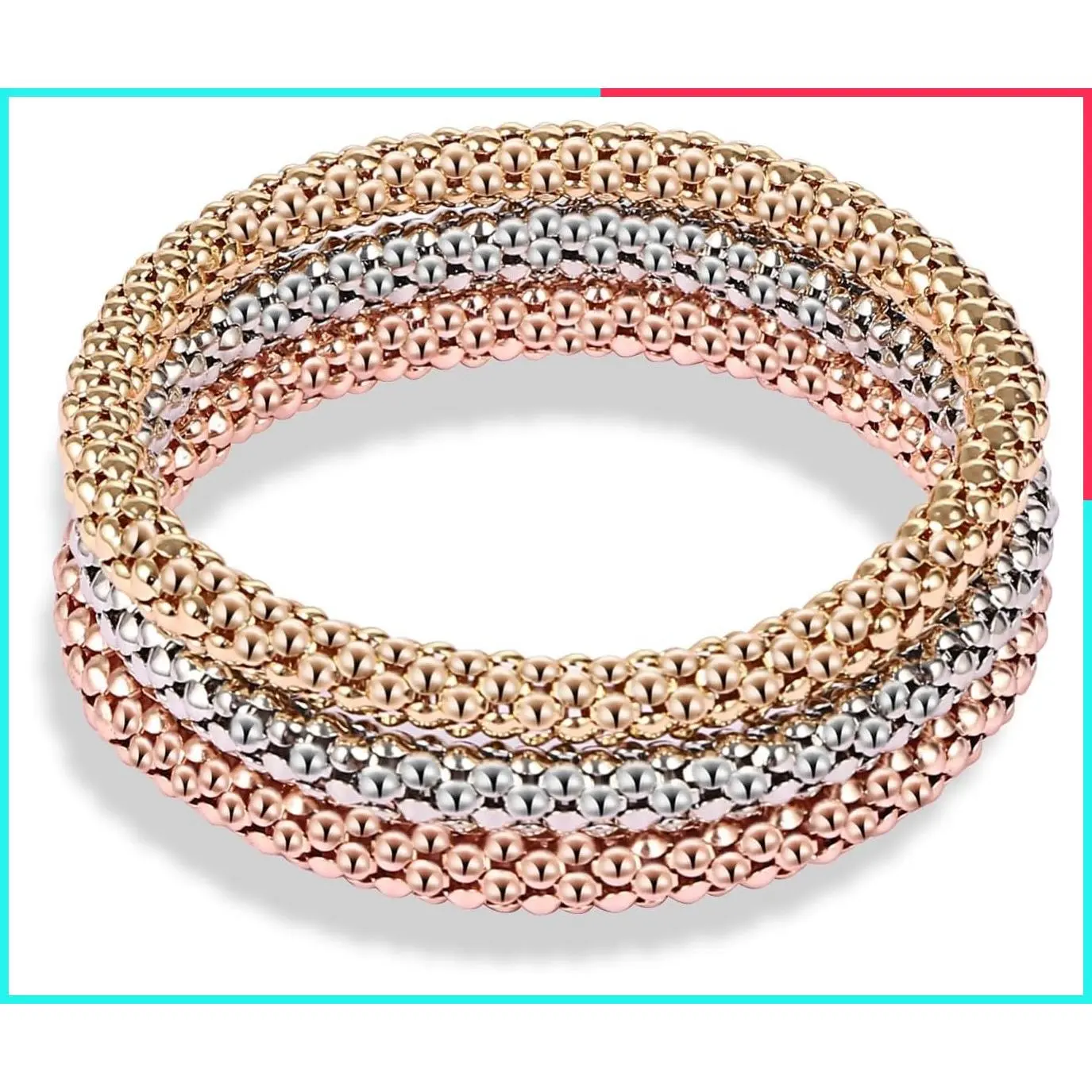 3 Pcs Multilayer Charm Stretch Bracelet Set for Women - Gold, Silver & Rose Gold Elastic Bracelets, Birthday Gift