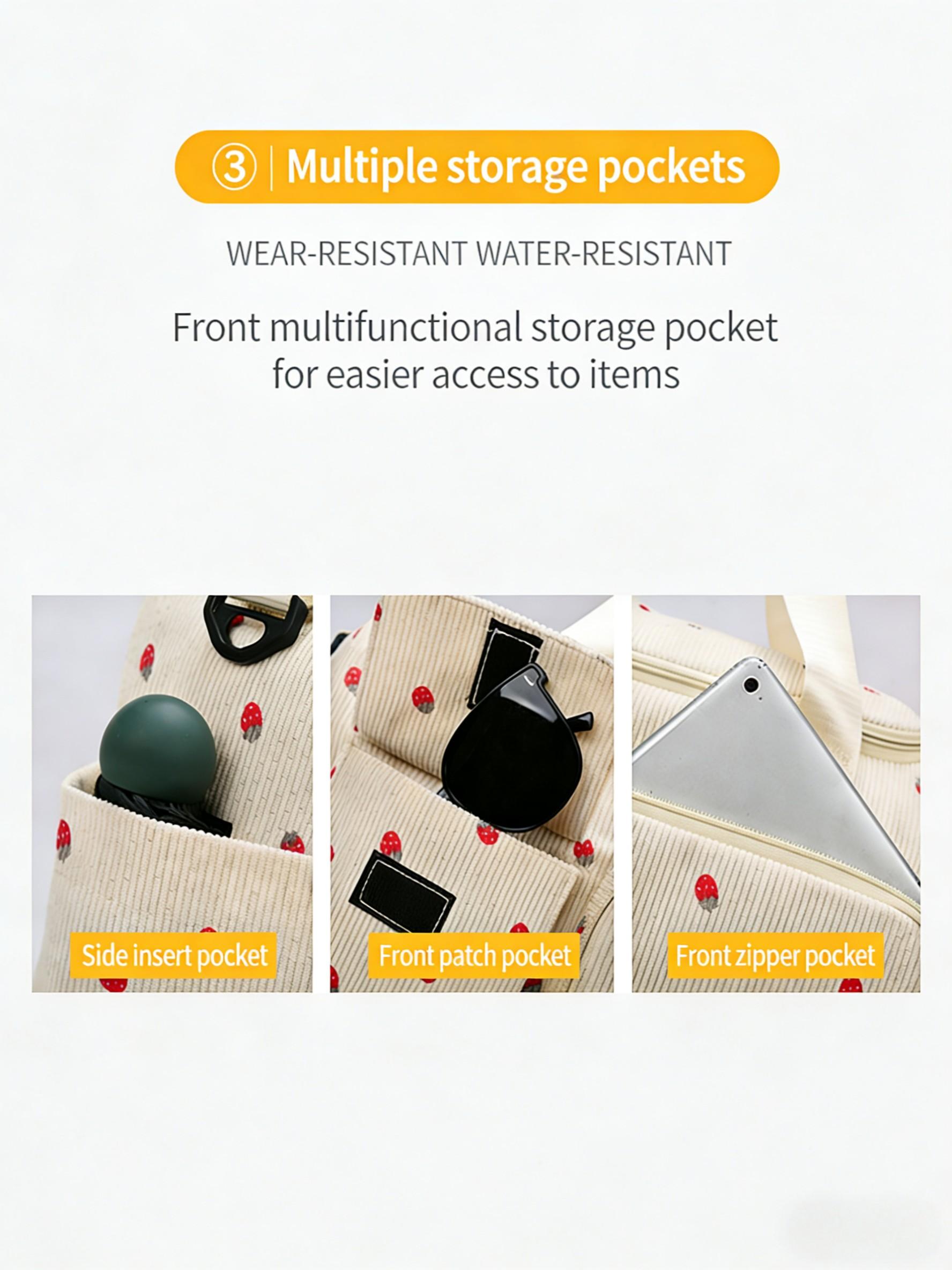 Strawberry Corduroy Handbag, Sweet Cute Style, Multi-Pocket Large Capacity, Crossbody Bag, Girl Short Trip Gym Commute Backpack