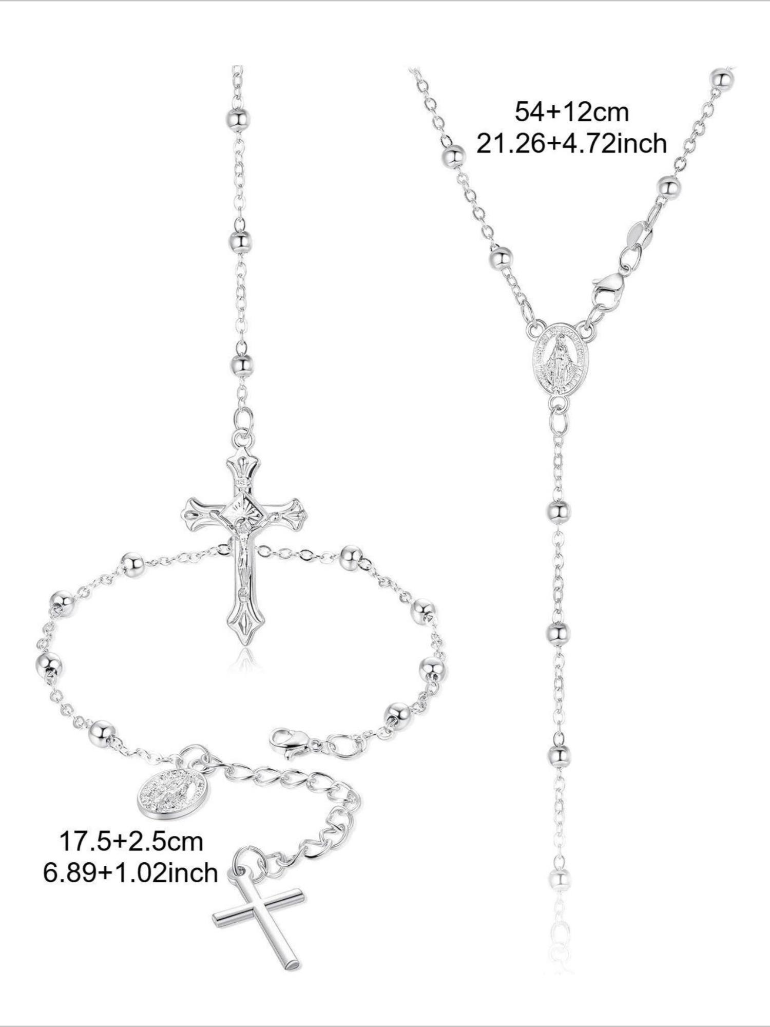 2 Pcs Silvery Unique Catholic Rosary Devotional Set for Women Men Elegant Rosary Necklace Bracelet with Miraculous Medal Cross Sacred Jewelry Gift for Baptism Confirmation Faithful Loved Ones
