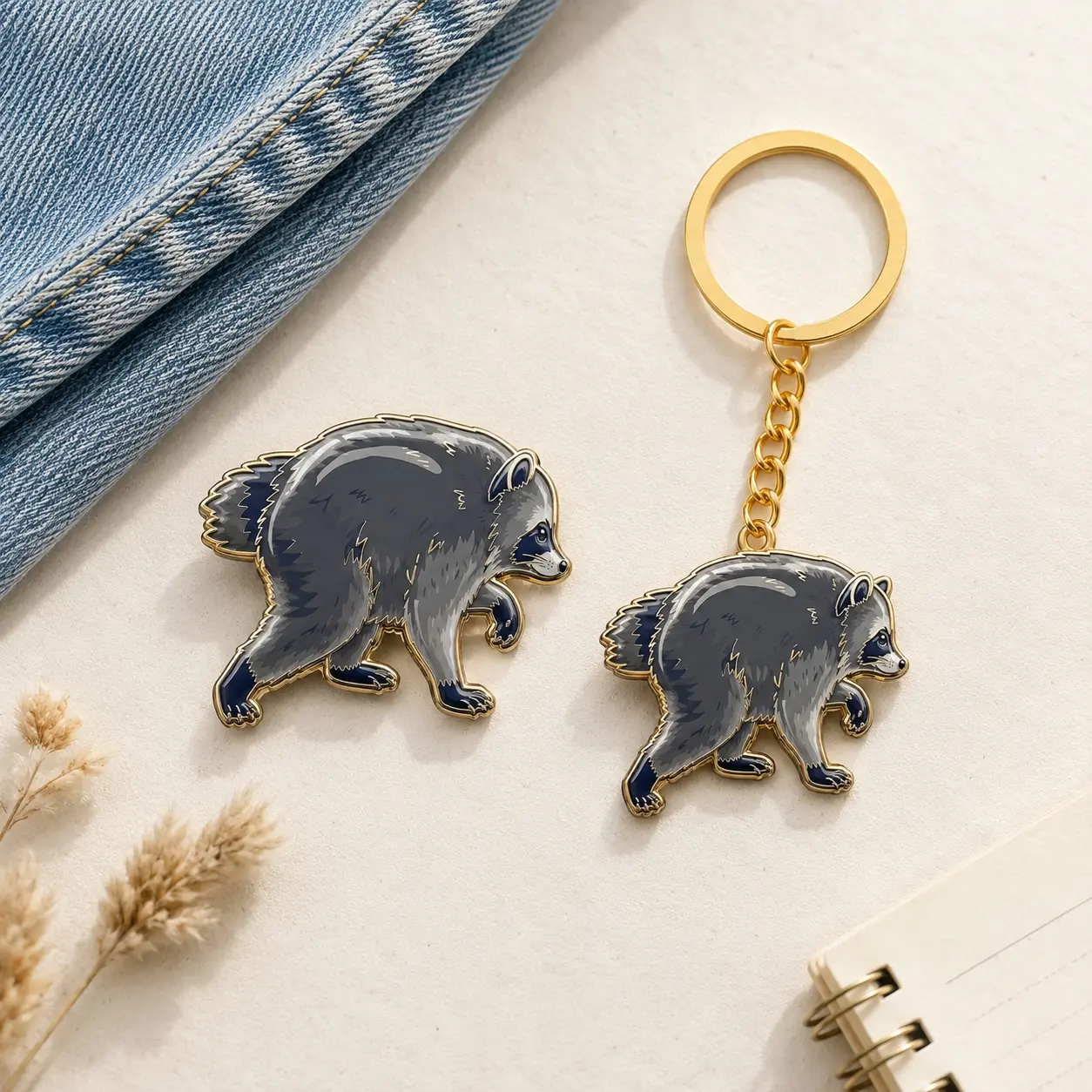 Fall & Thanksgiving Woodland Raccoon Brooch Pin-Keychain Gift Set - Cute Enamel Animal Accessories for Jackets, Bags, Keys, Christmas Stocking Stuffer