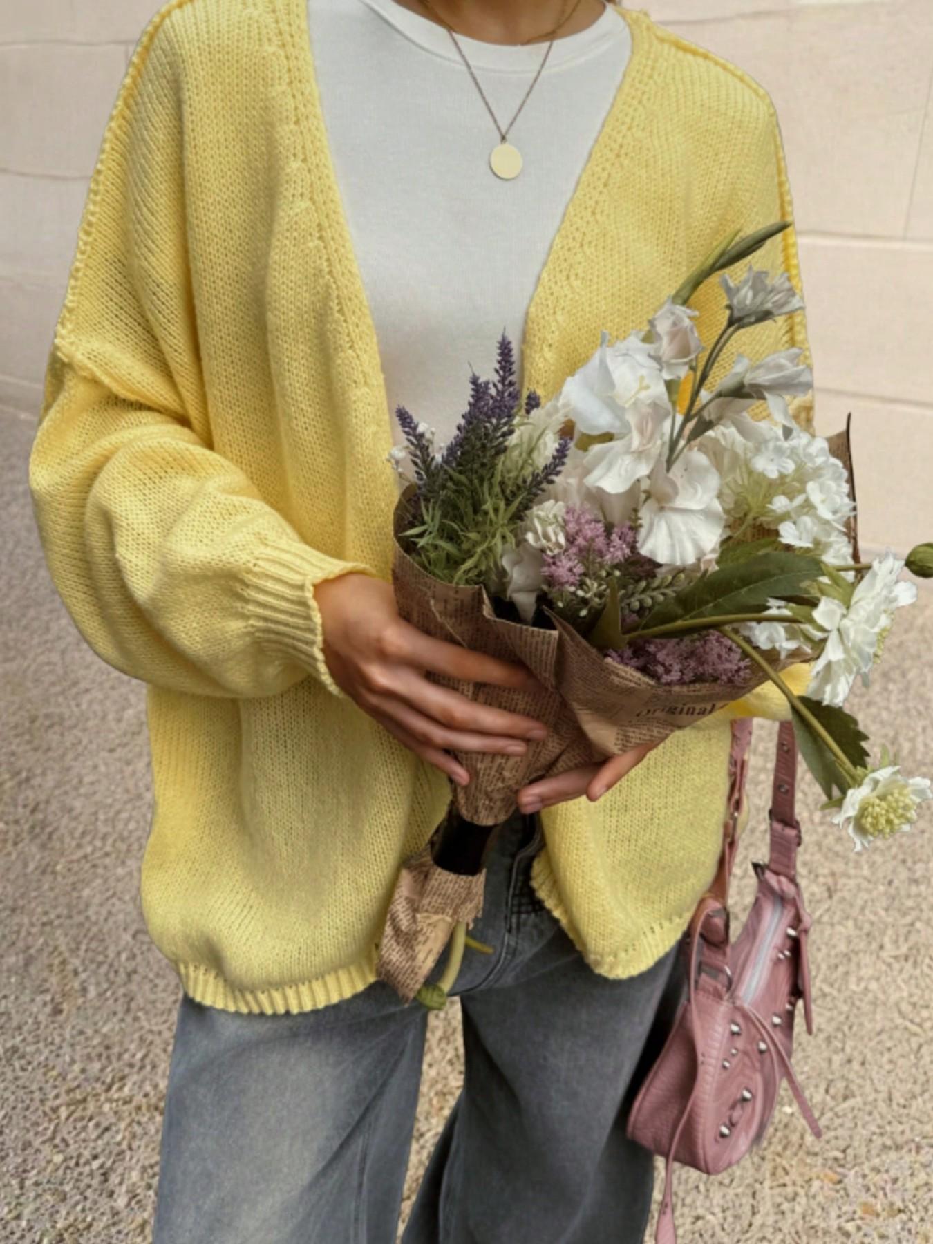 Gentle macaron-style V-neck knit cardigan, Knitwear, creamy yellow solid color, ribbed chunky knit, batwing loose sleeves, soft & cozy, Spring/fall layering essential, perfect for coffee dates, casual outings, sweet romantic vibe, Daily warm wrap-style