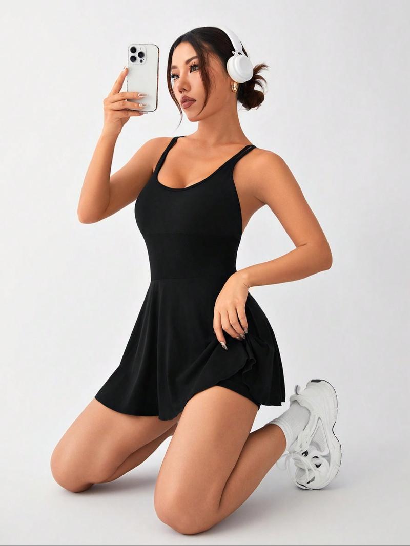 Christmas Women's Cross Back Sporty Dress with Removable Pads, Sleeveless Yoga Skirt Pants, Tight-Fitting All Season Wear, Backless Sports Dress