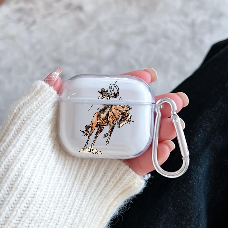 Cowboy's Wild Ride Pattern TPU Soft Protective Case for Apple AirPods 4/3/2/1/Pro/Pro2 Transparent Earphone Cover with Keychain Attachment