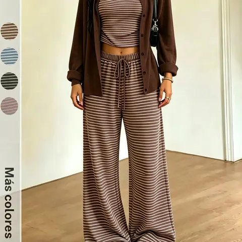 Black & White Striped 3-Piece Lounge Set, Long Sleeve Cardigan & Cami Top & High Waist Wide Leg Pants, Soft Fabric Knit Flattering Relaxed Fit Versatile Set for Home & Casual Outings