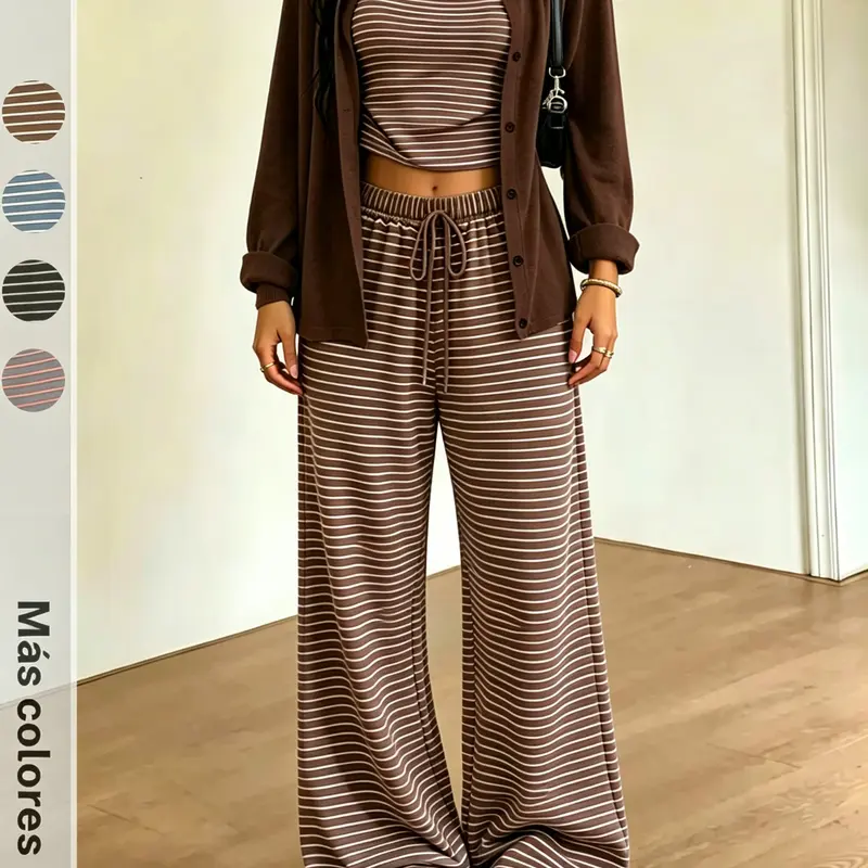 Black & White Striped 3-Piece Lounge Set, Long Sleeve Cardigan & Cami Top & High Waist Wide Leg Pants, Soft Fabric Knit Flattering Relaxed Fit Versatile Set for Home & Casual Outings