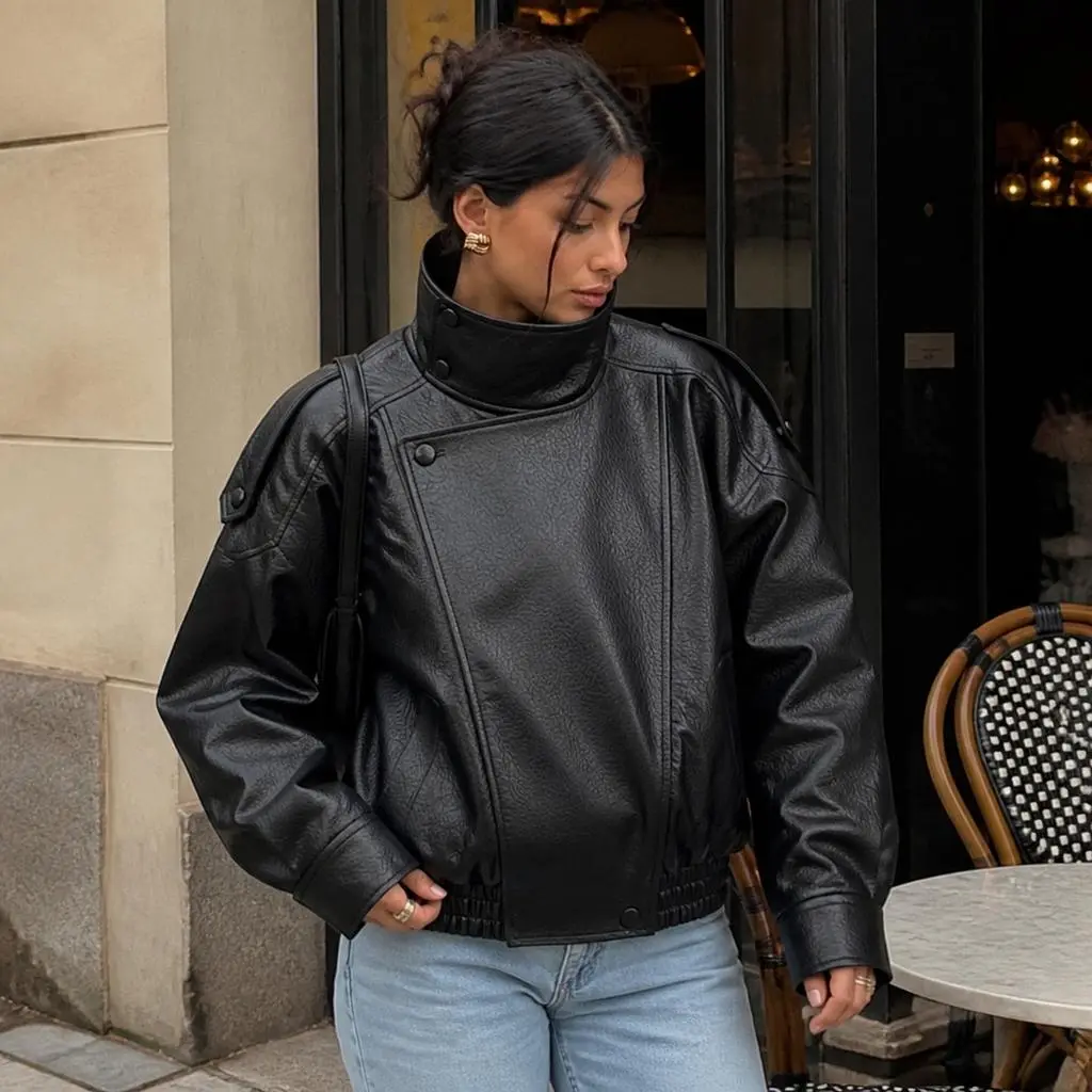 Women's Black Faux Leather Oversized Moto Biker Jacket - Stand Collar, Elastic Hem, Windproof, Waterproof, Snap Button, Biker Look Coats & Tops for Women, Fall-Spring Casual Streetwear Outerwear (Pair with Leggings)