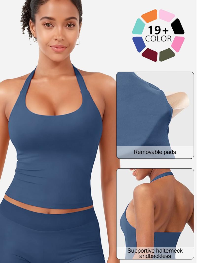Women's Solid Removable Chest Pad Sports Tank Top, Casual Comfort and Durability Halter Neck Sports Top for Yoga Gym Workout, Ladies Sportswear for All Seasons, Backless Sports Vest