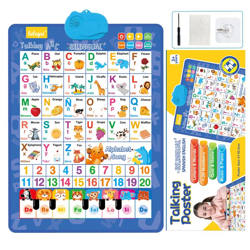 Bilingual Talking Wall Chart for Kids – English & Spanish Learning Poster with Songs, ABCs, Numbers, Animal words & Piano – Interactive Educational Toy for Toddlers 1-6 – No Screen, Battery Powered classroom use Alphabet Preschool