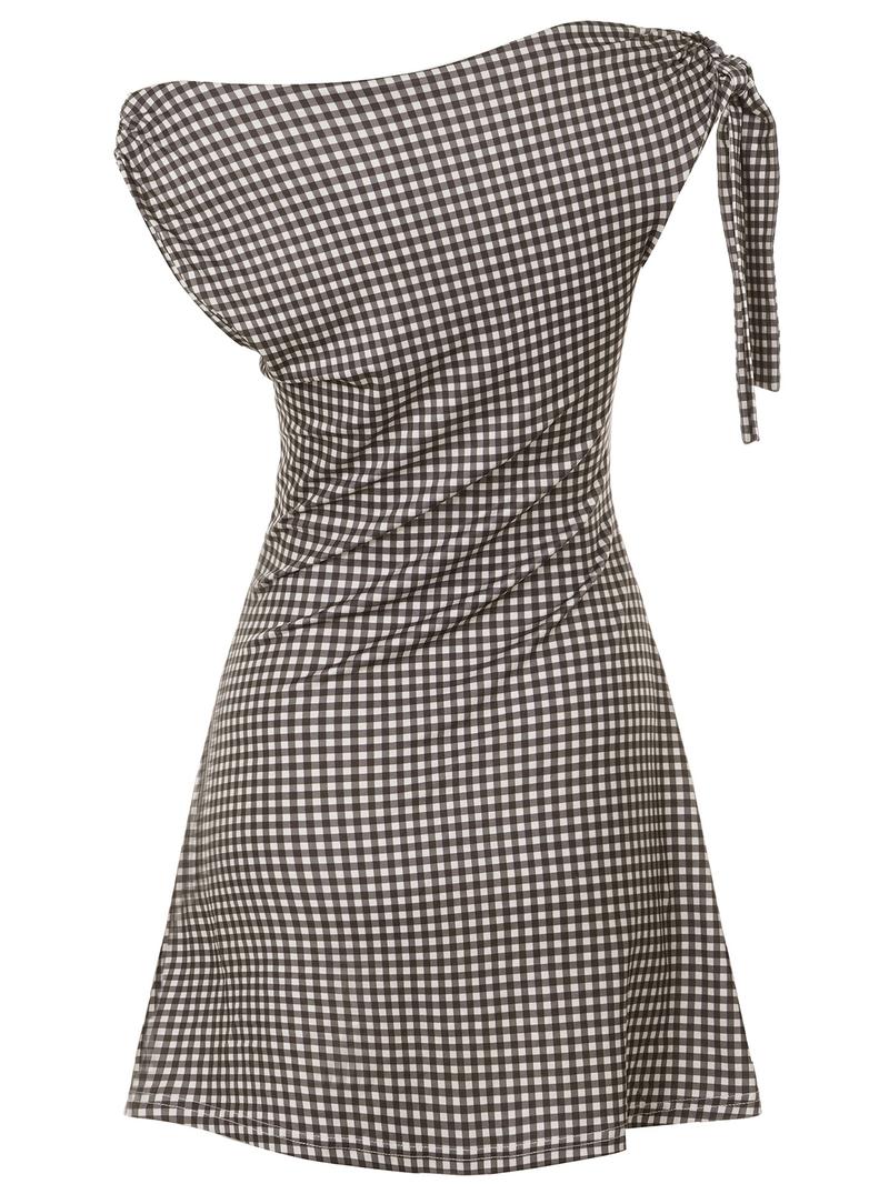 American Vintage Basic Casual Gingham Mini Dress, Asymmetrical Shoulder Design with Lace Up Detail, Slim-Fitting Sleeveless A-Line Dress for Women