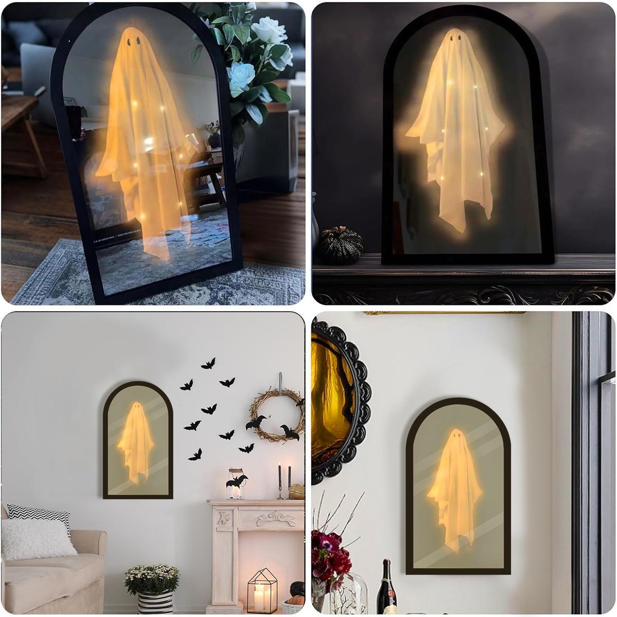 Ghost Mirror Halloween Decor – LED Holographic Ghost Illusion Mirror, 2-in-1 Daytime Mirror Nighttime Ghost, Spooky Tabletop Decoration for Mantel Shelf Party, Creepy Cute Gift for Kids Adults
