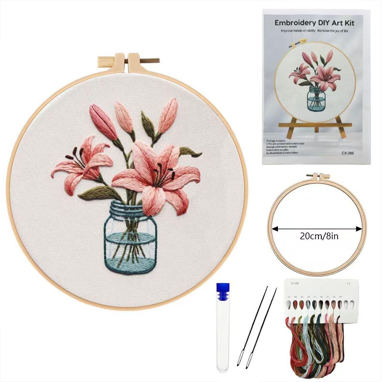Beginner Embroidery Kit, Elegant Cross Stitch Set, Lily Pattern, DIY Embroidery Lovers, Includes Printed Cotton Fabric, Thread, Needle, Chart
